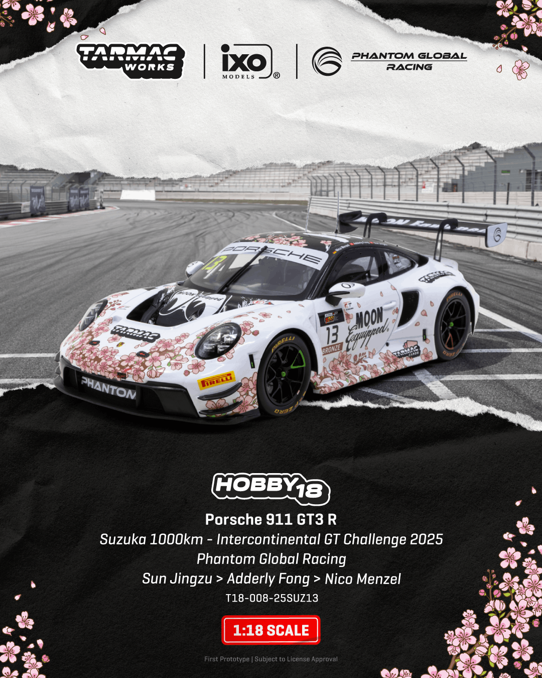 PO-$851 * TARMAC * 1:18 Porsche 911 GT3 R Suzuka 1000km - Intercontinental GT Challenge 2025 Phantom Global Racing Sun Jingzu / Adderly Fong / Nico Menzel