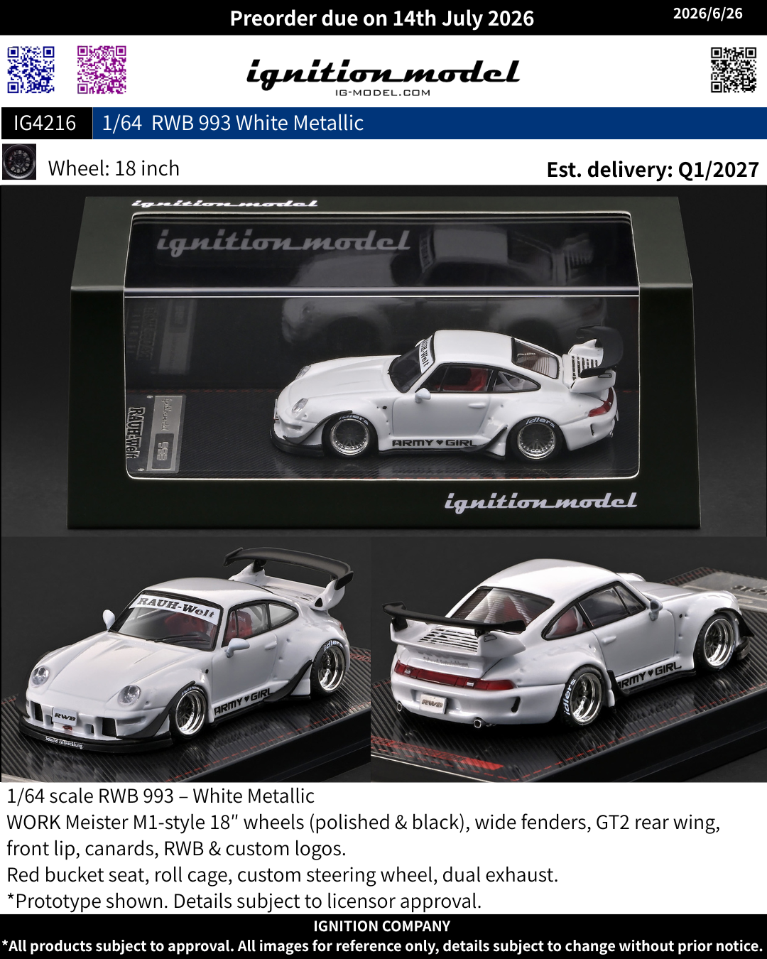 PO-$176 * IGNITION MODEL * 1:64 RWB993 WHITE METALLIC