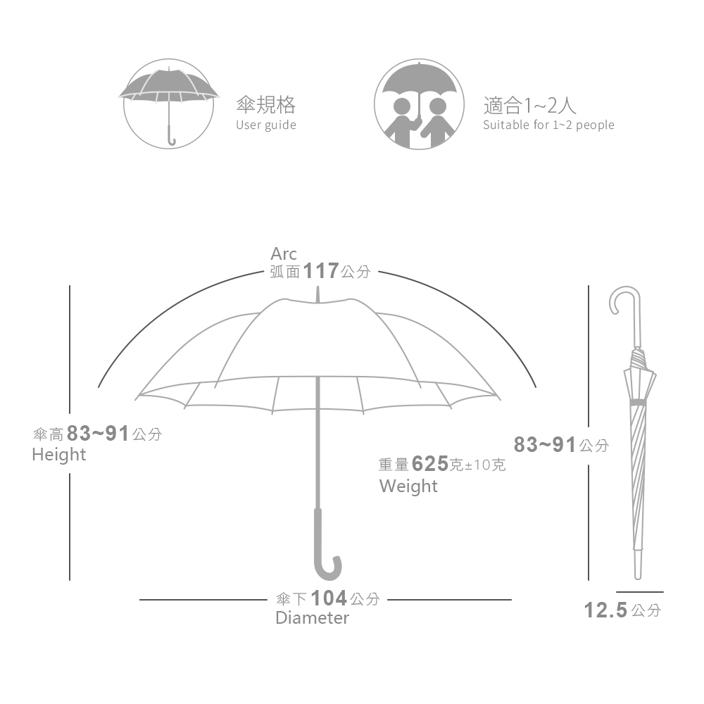 傘規格：適合1-2人。傘弧面：117公分，傘高：83-91公分，傘下：104公分。重量：625克±10克。收納規格：83-91*12.5公分。