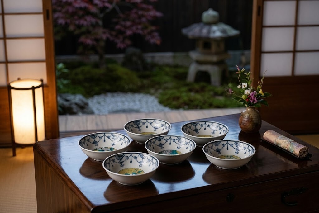 【日本九谷燒】著名作家 青華手繪幾何蕾絲小缽五客組