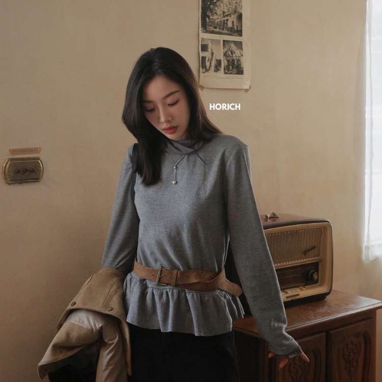 𝐃𝐞𝐜.𝟏𝟕 / 13957 - 網紗拼接半高領打底上衣(3色) 深灰/淺灰/咖色