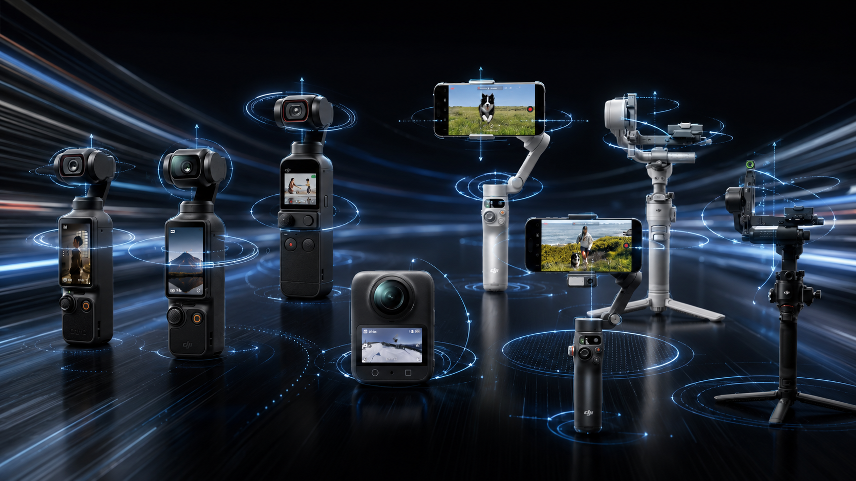DJI 全系列穩定相機產品矩陣展示圖,包含多代 Osmo Pocket 口袋相機、全景相機、手機雲台與大型穩定器,深色科技感背景搭配藍色光線特效。DJI 全系列穩定相機產品矩陣展示圖,包含多代 Osmo Pocket 口袋相機、全景相機、手機雲台與大型穩定器,深色科技感背景搭配藍色光線特效。