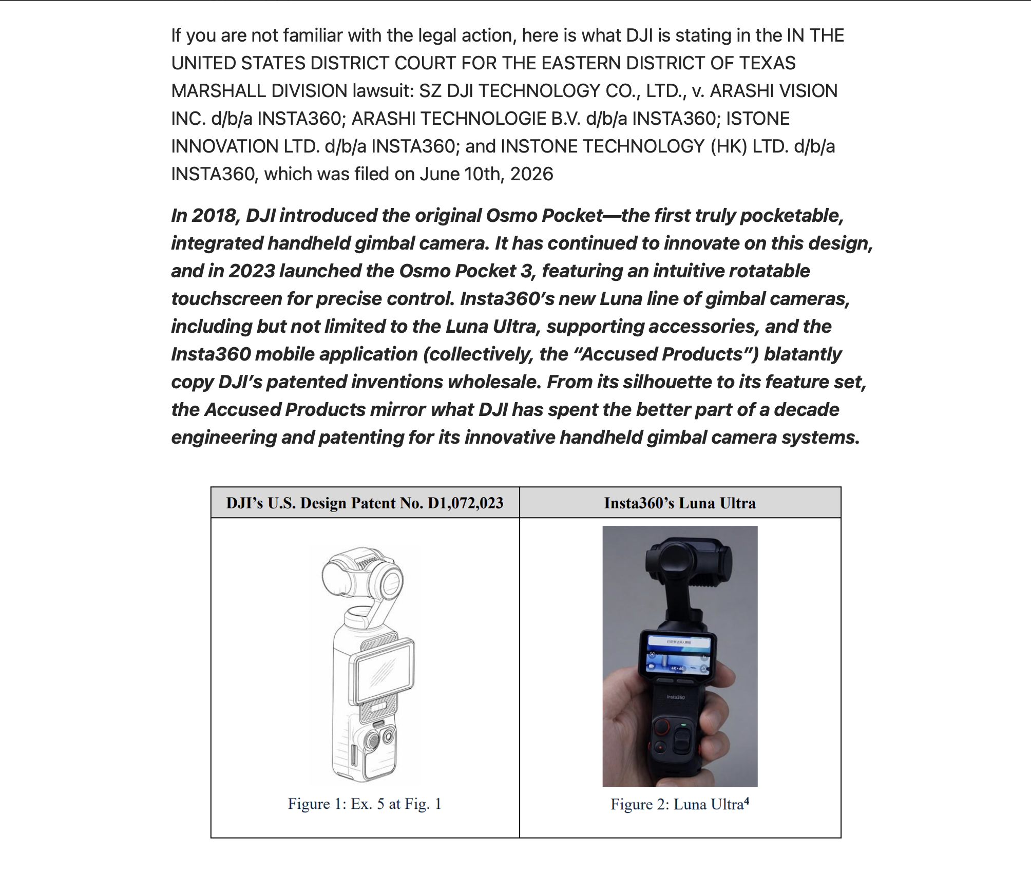 DJI 控告 Insta360 的訴狀文件截圖,列出 2026 年 6 月 10 日於美國德州東區法院提起的專利侵權訴訟,下方附圖對比 DJI 美國設計專利 D1,072,023(左)與 Insta360 Luna Ultra(右)的外觀相似處。