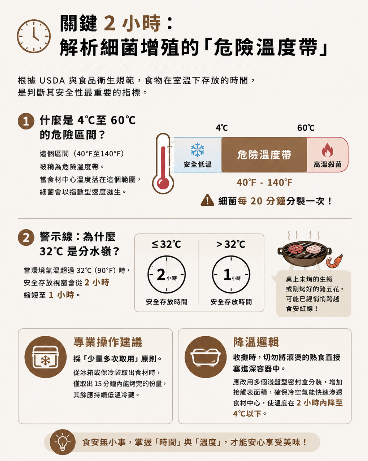 USDA 危險溫度帶圖解：細菌在攝氏4到60度快速增殖