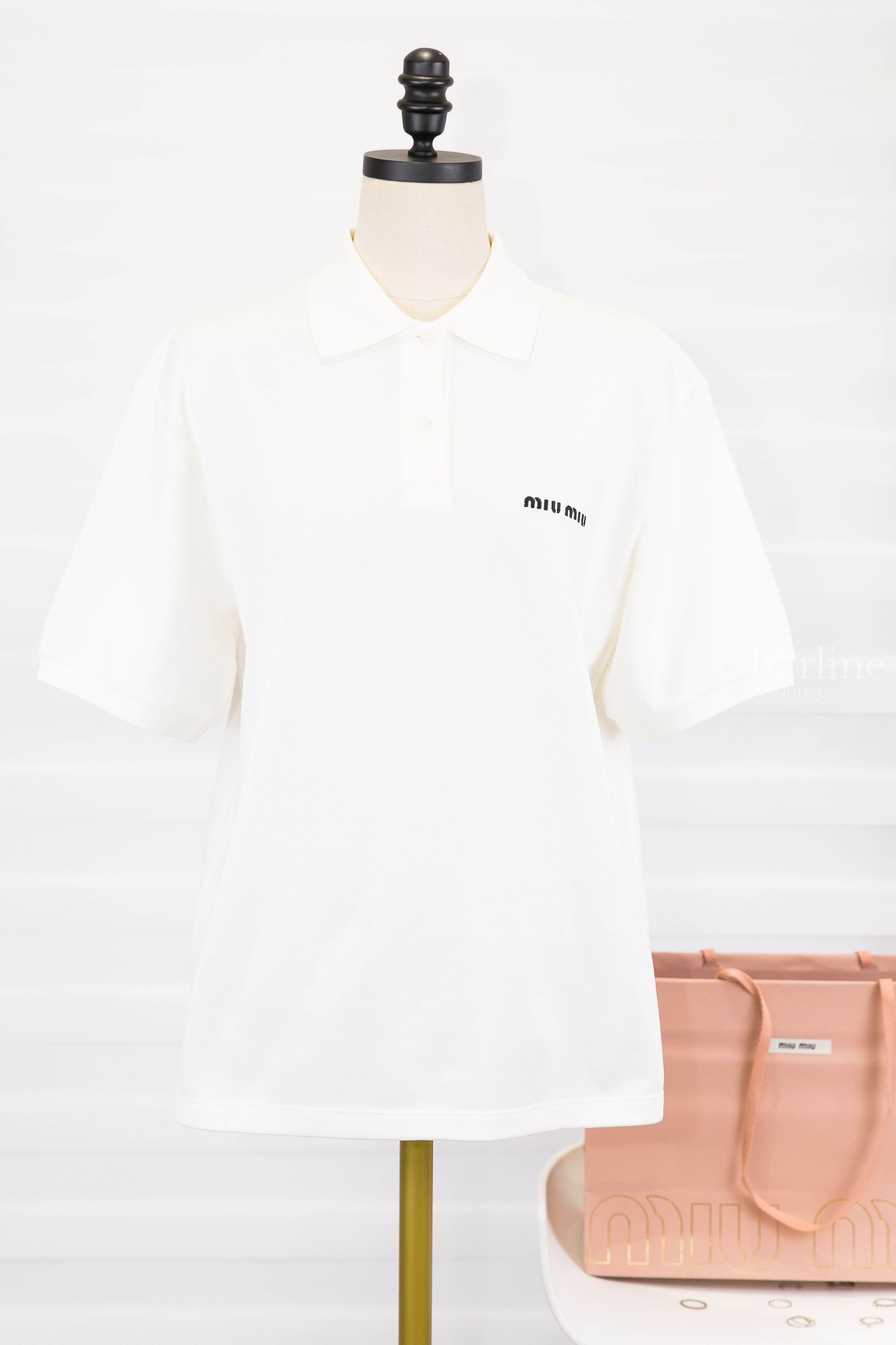 Miu Miu Cotton Piqué Polo Shirt 白底黑色刺繡字母Polo領棉質短袖上衣