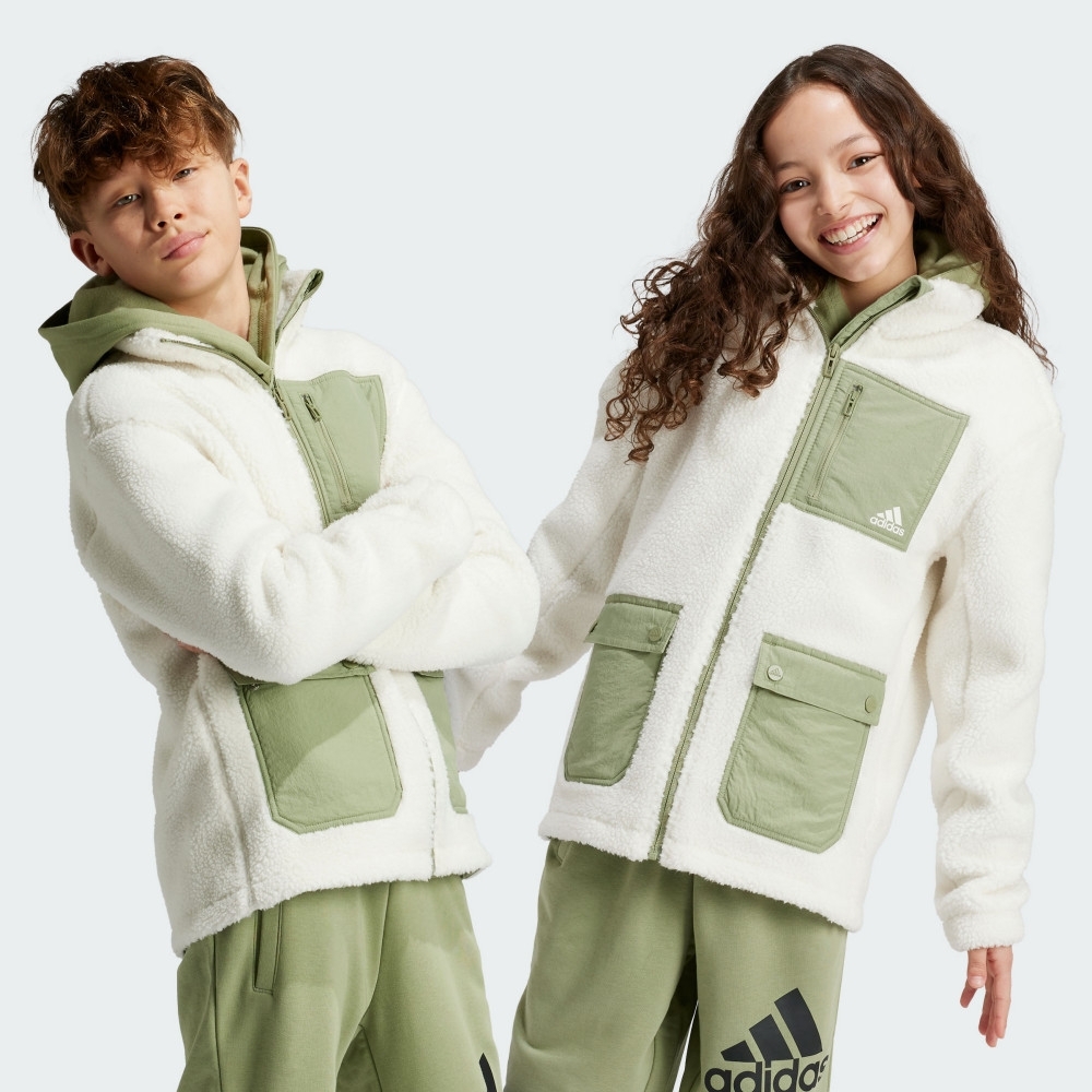 ADIDAS 外套 白綠色 搖粒絨 立領 保暖外套 童裝 IV9511