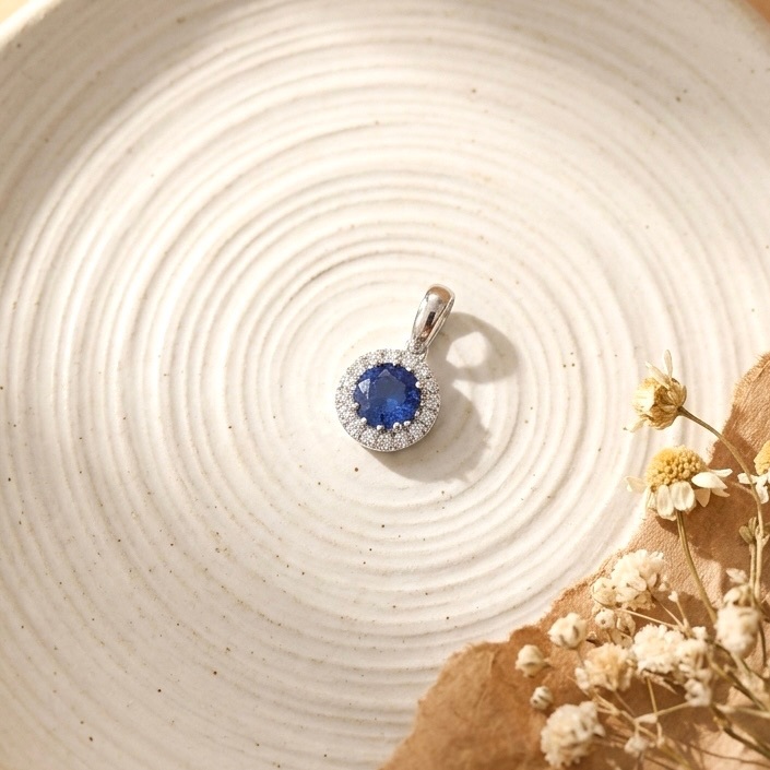 0.75ct藍寶石18K金鑽石吊墜 -圓形切