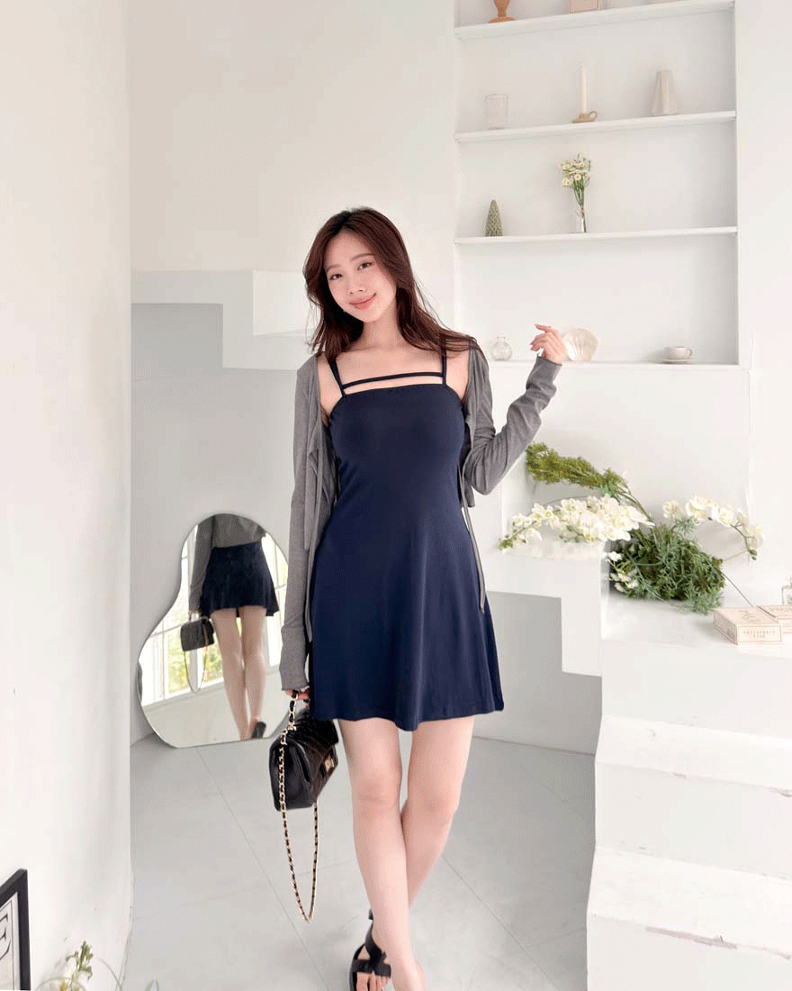 LINA LINA微辣頻率綁結外套縷空洋裝兩件組-灰X藍