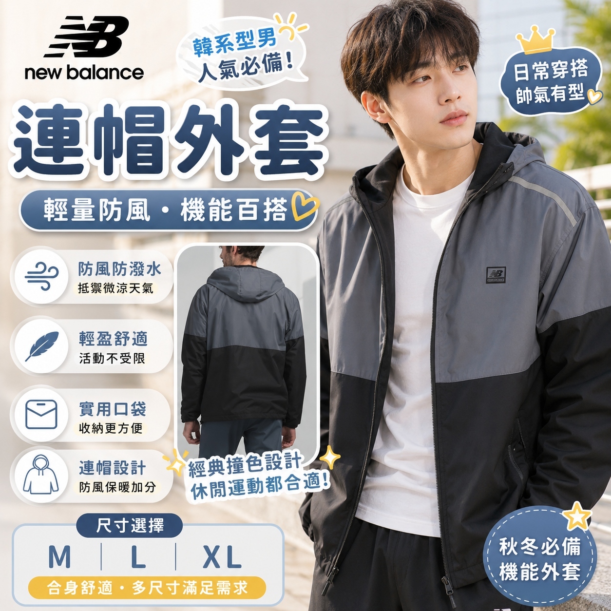 【預購】NEW BALANCE H063010 男裝連帽拼色外套 (灰黑拼色)