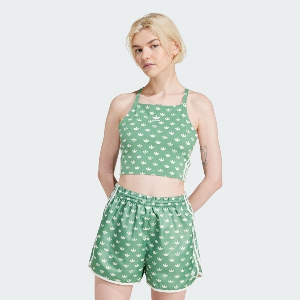 ADIDAS 背心 MONO 3S CROP 綠色 滿版 三葉草 休閒背心 女 IX0930