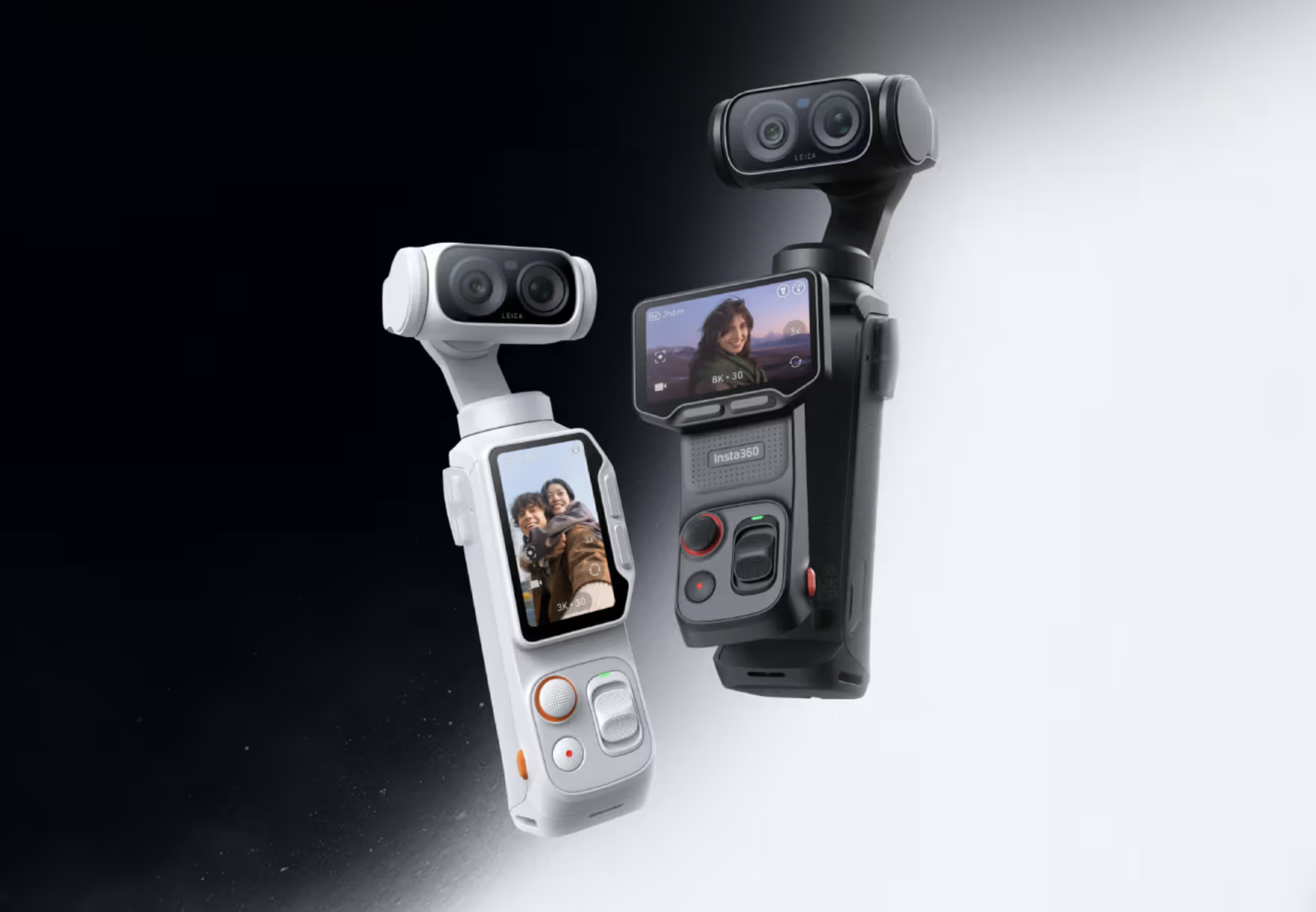 Insta360 Luna Ultra 雙色版官方宣傳圖,黑白兩款並列懸浮於漸層背景中,雙鏡頭萊卡認證鏡頭與翻轉觸控螢幕清晰可見。Insta360 Luna Ultra 雙色版官方宣傳圖,黑白兩款並列懸浮於漸層背景中,雙鏡頭萊卡認證鏡頭與翻轉觸控螢幕清晰可見。