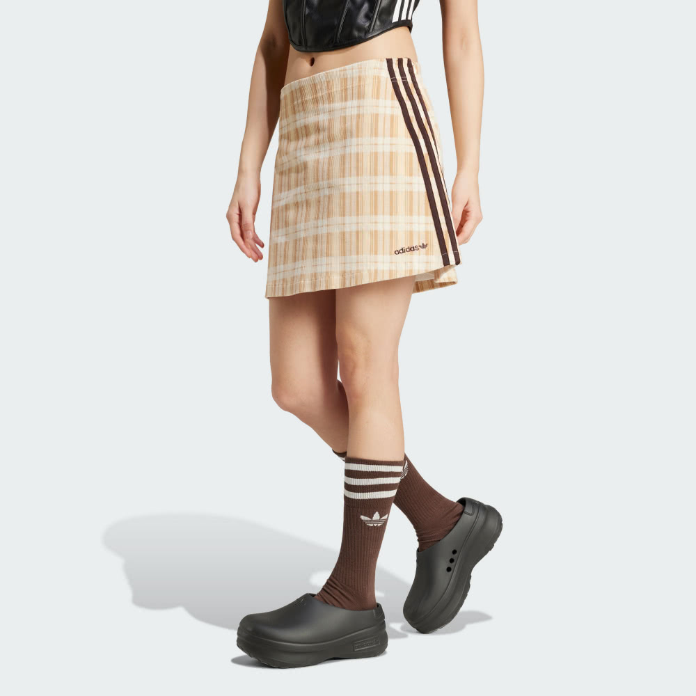 ADIDAS 短裙 TARTAN SKIRT 黃格紋 燈芯絨 休閒短裙 女 IX7414