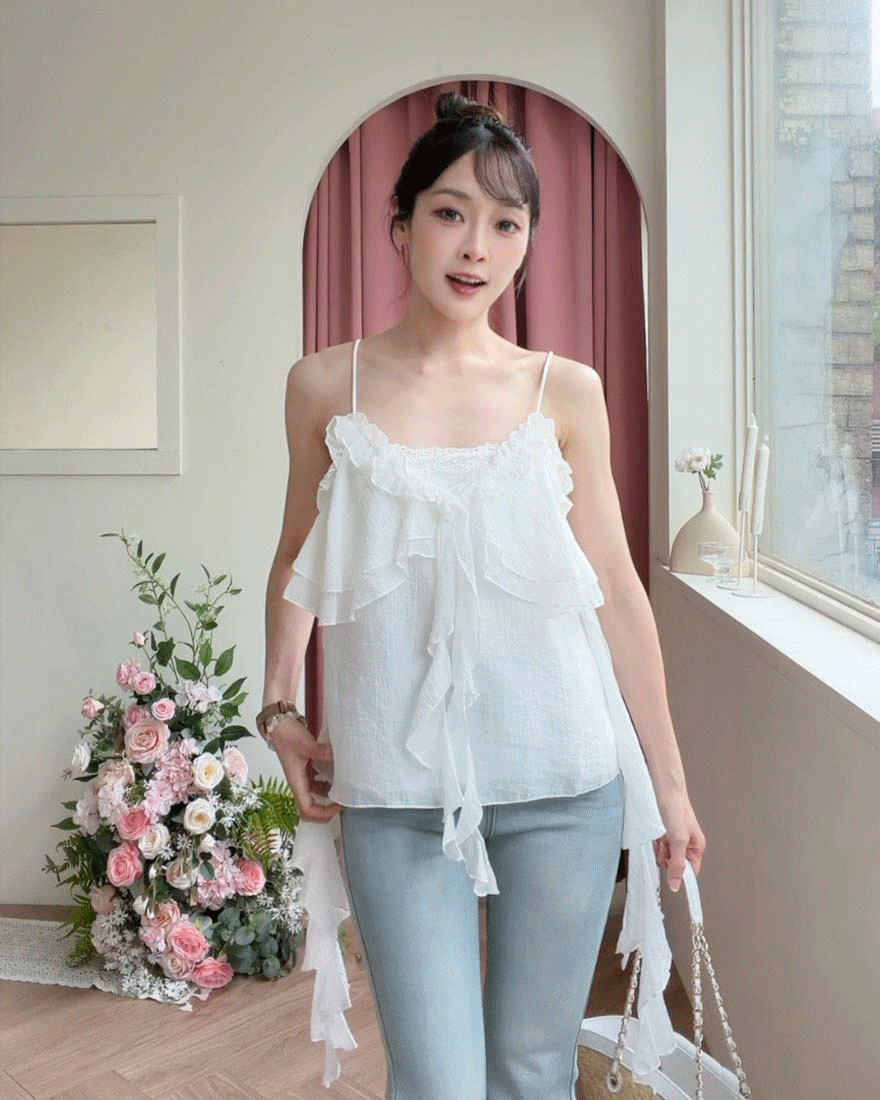 LINA LINA優美思路層次荷葉滾邊飄帶上衣-高雅白