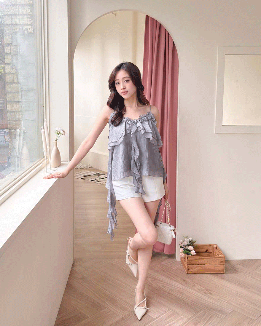 LINA LINA優美思路層次荷葉滾邊飄帶上衣-時髦灰