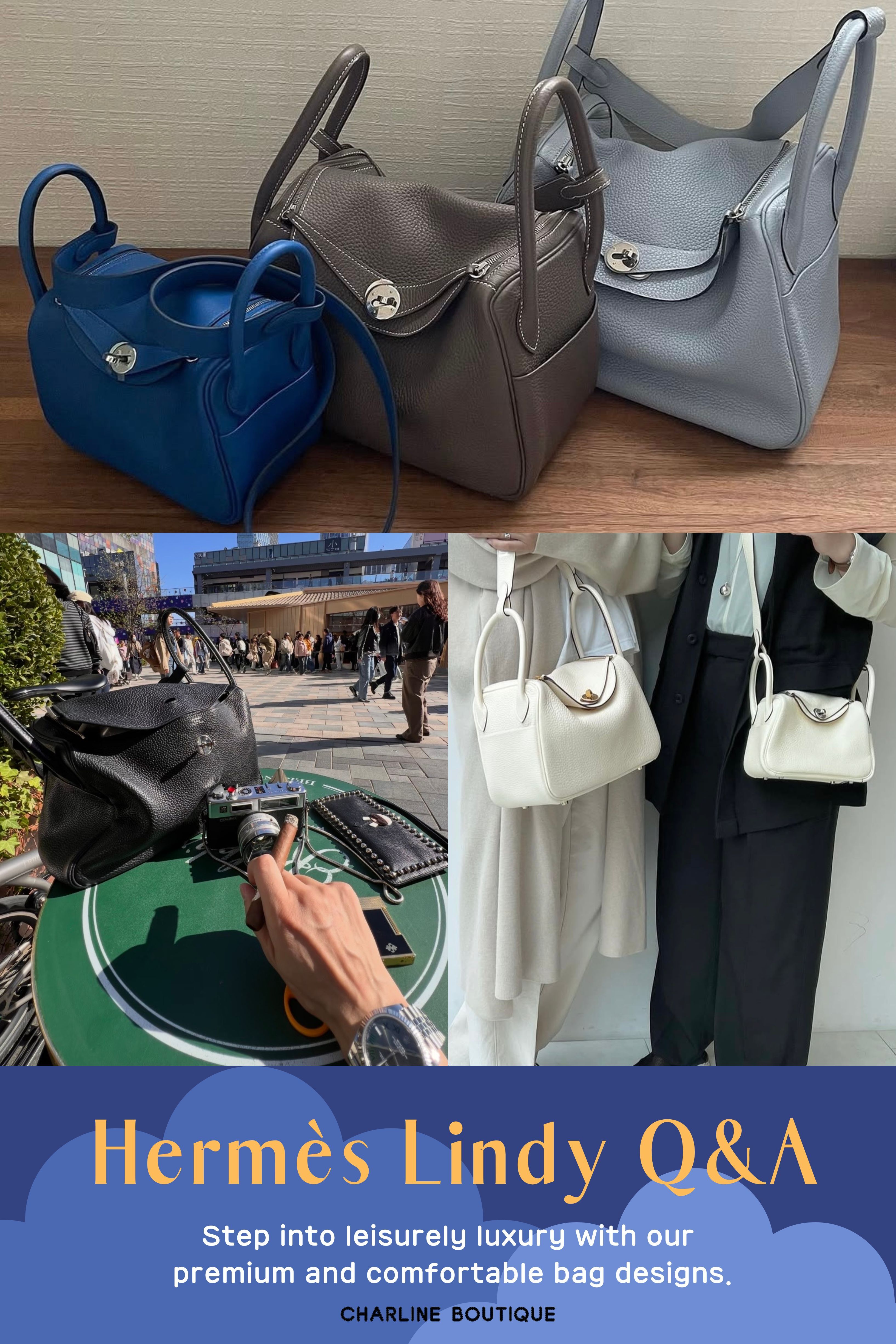 FAQ｜關於 Hermès Lindy 的 10 個真實大哉問    Q1：Hermès Lindy 有哪些尺寸？哪一個最值得入手？  A：  Mini Lindy（19 × 13 × 9 cm）：適合嬌小身形、小包控，最大優勢是可斜背，日常逛街或旅行都很方便，容量比外觀能裝。  Lindy 26（26 × 18 × 13 cm）：被許多人視為黃金尺寸，比例剛好、容量實用，適合多數亞洲女性，通勤、約會、日常外出都能背。  Lindy 30（30 × 21 × 15 cm）：比 Lindy 26 更有存在感，適合高挑身形，或平常需要放長夾、平板、補妝包等較多物品的人。  Lindy 34（34 × 23 × 15 cm）：是 Lindy 系列中較大的尺寸，適合喜歡大包氣場、短途差旅或男性日常搭配。  Charline Boutique 整理後的心得是，以實用性、身形比例與日常搭配來看，Lindy 26 是最多客人詢問、也最不容易出錯的尺寸；如果您平常習慣輕裝出門，Mini Lindy 則是近年非常熱門的小包首選，輕巧、可斜背，又保留了 Hermès Lindy 鬆弛隨性的包型特色。    Q2：Hermès Lindy 適合男生背嗎？  A：  近年世界盃球場外，愛馬仕已悄悄成為頂級球星的「非官方戰袍」。像挪威前鋒哈蘭德（Erling Haaland）就是出了名的愛馬仕忠實擁護者，搭機征戰世足賽時，隨身攜帶的登機包正是 Hermès HAC Birkin 50，價值破百萬，徹底打破過去「精品包是女性專屬」的刻板印象。球星都敢背大尺寸的 Birkin、HAC 上場了，男生背 Lindy 這種低調百搭款，自然完全不是問題。  Lindy 30 / Lindy 34：最適合男性身形，容量充足，可放手機、長夾、鑰匙、行動電源，甚至簡單文件，手提或肩背都很有型，是男性客人詢問最多的兩個尺寸。  Mini Lindy：尺寸雖小，但外型精緻可愛、背帶長度適中，近年也吸引不少喜歡精緻配件感的男性消費者嘗試斜背搭配，帶點俏皮精緻感。  顏色建議：Noir 89 黑色、Etoupe 18 大象灰、Gold 37 金棕，或深藍、深灰色系，搭配西裝、襯衫或休閒穿搭都不突兀，反而更能呈現乾淨俐落的質感。  Charline Boutique 整理後的心得是，Lindy 全身沒有明顯大 Logo，靠的是皮革質感、雙拉鍊設計與俐落包型展現低調奢華，比 Birkin、Kelly 更休閒，也更容易融入男生日常穿搭，非常值得考慮。      Q3：Hermès Lindy 哪種皮革最推薦？  A：  Taurillon Clemence（TC 皮）：最經典首選，顆粒較大、手感柔軟，包身會有自然垂墜感，耐磨度不錯，也不容易顯刮痕，很適合喜歡日常實背、自然隨性感的人。不過 TC 皮本身重量較重，遇水也比較容易留下水痕，使用時還是要稍微留意。  Togo：顆粒感明顯，整體比 TC 皮稍微挺一點，耐磨度高，也是不少人偏愛的實背選擇。若您想要 Lindy 保有柔軟感，但又不希望包型太塌，Togo 會是很穩定的選項。  Swift：顆粒非常細緻，皮面較平滑，最大的優點是顏色表現很漂亮，尤其亮色、粉色、特殊色會顯得更飽和精緻，很適合 Mini Lindy 或收藏型包款。不過 Swift 相對嬌貴，較容易刮傷、留下指紋，適合願意細心保養的人。  Evercolor：介於 Swift 與 Epsom 之間，皮面細緻、帶有霧面光澤，比 Swift 更耐刮，也比 Epsom 柔軟，整體兼具手感與立體度。若您想要一顆好照顧、又希望包型不要太軟的 Hermès Lindy，Evercolor 也很值得考慮。  Charline Boutique 整理後的心得是，日常耐背首選 TC 皮或 Togo；如果您追求顏色精緻度與亮色收藏感，Swift 和 Evercolor 也各有魅力。    Q4：Hermès Lindy 可以斜背嗎？  A：Hermès Lindy 可以斜背，但主要僅限於 Mini Lindy，也常被稱為 Lindy 20。Mini Lindy 的背帶長度經過設計，可以直接肩背或斜背，背起來輕巧、不壓身高，也很符合近年小包斜背的穿搭趨勢。若是 Lindy 26、Lindy 30 或 Lindy 34，則多以手提或單肩背為主，因為背帶長度通常不夠長，無法舒適地標準斜背，硬背也容易卡在胸前、比例不順。Charline Boutique 特別想提醒大家，如果您是因為想找一款可斜背的 Hermès 包款而考慮 Lindy，Mini Lindy 會是最推薦的選擇；如果更重視容量與日常實用性，則可以考慮 Lindy 26 或 Lindy 30。    💬 對皮革和顏色還在糾結？加 LINE 直接問我們，附上身高體型，幫你找最適合的那顆！ 👉 點我加入 Charline Boutique LINE    Q5：Hermès Lindy 好買嗎？值得入手嗎？  A：  Mini Lindy：最適合小包控，外型精緻可愛，能放手機、短夾、唇膏與日常小物，又可以斜背，是近年非常搶手的尺寸，有現貨要把握。  Lindy 26：最適合多數亞洲女生的黃金尺寸，容量比 Mini 更實用，可放長夾與更多隨身用品，很適合日常通勤、逛街或旅行。  Lindy 30 / 34：更適合高挑身形、喜歡大包容量的人，男生背起來也很有型，是想要更有氣場感的選擇。  專櫃購買現況：熱門尺寸如 Mini 和 Lindy 26，加上經典三大金剛色（Noir 黑、Etoupe 大象灰、Gold 金棕），幾乎常年缺貨，原價入手需要累積消費紀錄與長時間等待。  Charline Boutique 整理後的心得是，Lindy 非常值得入手，如果不想花時間等待或盲目配貨，透過 Charline Boutique 找現貨或代購會省時省力許多，依照預算、尺寸、皮革與顏色協助篩選，讓您不用走冤枉路。    Q6：Hermès 包包平常怎麼收納保養？  A：  收納方式：收納前先把包內物品全部取出，放入無酸紙、絲棉或專用內膽包支撐包型。切勿使用報紙（容易染色留下油墨味）或塑膠袋（不透氣容易讓皮革受潮）。像 Lindy 這類包型較柔軟的款式，建議直立擺放，不要互相堆疊，以免壓出折痕或影響包型線條。  防潮環境：台灣氣候潮濕，建議存放在陰涼、乾燥、避光且通風的環境，濕度控制在 45%～55% RH 左右。家中較潮濕可使用防潮箱輔助，避免皮革發霉、邊油融化或五金氧化。不使用時放入原廠防塵袋即可，不建議長期密封在橘色硬盒內，硬盒不透氣，悶住的濕氣反而容易讓皮革變質。  日常使用注意：避免接觸雨水、酒精、香水、乳液、化妝品與深色牛仔布，淺色包款尤其要小心染色。若不小心碰水，先用乾布輕輕壓乾，不要用吹風機或陽光曝曬，放在通風處自然陰乾才是正解。五金部分盡量減少直接觸摸，輕微氧化可用專用擦銀布輕擦，不要自行使用強效清潔劑。  Charline Boutique 整理後的心得是，保養愛馬仕記住八個字就夠了——「維持包型、控溫防潮」，做到這兩點，Lindy 可以陪你用很多很多年。    Q7：Hermès 三大金剛色是什麼？  A：  Noir 89 黑色：Hermès 的靈魂色，低調又有氣場，搭配金釦展現霸氣優雅，搭配銀釦則洗鍊低調，永遠不出錯，是最安全也最經典的選擇。  Gold 37 金棕色：品牌最具代表性的暖棕色，通常搭配經典白色縫線，散發溫潤高級感，自帶一種老錢氣質（Old Money Aesthetic），很適合喜歡經典 Hermès 風格的人。  Etoupe 18 大象灰：介於灰色與棕色之間，同樣常見白色縫線，氣質柔和、耐看又不容易退流行，一年四季配什麼衣服都好看，是很多人第一次入手 Hermès 時會優先考慮的顏色。  Charline Boutique 整理後的心得是，如果您第一次入手 Hermès 包包，想選一個不容易後悔、四季都能背的顏色，三大金剛色會是最穩妥的選擇，無論放在 Lindy、Picotin、Kelly 還是 Birkin 上都非常經典耐看。    Q8：Hermès 最適合新手的入門包有哪些？  A：  Picotin Lock（菜籃子）：外型簡約可愛，開口像水桶包一樣寬敞，搭配專屬小鎖頭，辨識度低調但很有 Hermès 味道。容量比想像中好裝，拿取物品方便，是很多人第一顆 Hermès 入門包的首選。  Evelyne III / Evelyne Mini：最明顯的特色是打孔 H Logo 與寬肩帶設計，風格比 Picotin 更休閒率性，適合通勤、旅行或假日出門。Evelyne III 容量實用，適合想解放雙手的人；Evelyne Mini 則小巧輕便，近年市場詢問度很高，很適合喜歡斜背小包、穿搭偏率性的人。  Garden Party 30：非常低調實用的 Hermès 托特包，包型方正、容量充足，能放平板、文件、長夾與日常用品，很適合上班族、媽媽包需求或喜歡大容量包款的人。沒有明顯 Logo，靠皮革質感與簡潔線條展現高級感，想找每天都能背又不會太高調的 Hermès 入門包，Garden Party 30 非常值得考慮。  Charline Boutique 整理後的心得是，喜歡可愛輕鬆感選 Picotin，想要斜背方便選 Evelyne，重視通勤容量選 Garden Party，先從自己的生活習慣出發，會比只看熱門程度更不容易後悔。當然，想要一顆新手也能駕馭的包，Lindy 本身也是非常好的選項。    Q9：Prada Darling 和 Hermès Lindy 哪個 CP 值比較高？  A：  Prada Darling：現代、俐落的都會路線，包身具備雙手柄設計，手提時很有造型感；加上可拆式肩背帶，日常搭配更靈活。搭配 Prada 倒三角標誌，品牌辨識度明確，相較 Hermès Lindy 更容易購入，價格門檻也相對親切，適合想要一顆實用、時髦、能快速融入日常穿搭的精品包。若從長期收藏與二手保值角度來看，比較偏向日常時尚包款定位。  Hermès Lindy：頂級皮革工藝、柔軟鬆弛的包型、實用容量，加上 Hermès 本身的品牌份量與長期保值地位，讓 Lindy 不只是一顆好背的包，也是一顆越用越有味道、兼具低調奢華感與收藏價值的經典選擇。尤其 Mini Lindy 和 Lindy 26 一直都是詢問度很高的熱門尺寸。  Charline Boutique 整理後的心得是，Prada Darling 適合想找一顆時髦實背、價格相對親切的精品包；Hermès Lindy 則適合想一步到位，買一顆低調有份量感、能背很多年的經典包款。簡單來說，重視「入手門檻」選 Prada Darling，重視「長期價值」選 Hermès Lindy。    Q10：Bottega Veneta Small Loop 和 Hermès Lindy 哪個容量比較好裝？  A：  Hermès Lindy 26（ 26 × 18 × 14 cm）：包身較寬、底部空間立體，內部深度足夠，不只可以放手機、長夾、鑰匙、行動電源，也能放入補妝包或較有厚度的隨身小物；加上內部貼袋、外側口袋與雙拉鍊開口設計，拿取物品很方便，日常通勤、逛街或旅行都很實用。  Bottega Veneta Small Loop（22 × 15.5 × 9 cm）：包型屬於扁長的相機包結構，可以放手機、短夾、鑰匙、唇膏與簡單補妝小物，但底寬較窄，不太適合放太厚或體積太大的物品，裝太滿也容易影響包身原本流暢的線條感。優點是輕巧俐落，加上 Bottega Veneta 經典編織設計與雙手柄，日常搭配非常方便。  Charline Boutique 整理後的心得是，如果您平常習慣帶長夾、行動電源、補妝包，或希望一顆包能兼顧通勤、日常與旅行，Hermès Lindy 的容量會更實用；如果您平常只帶手機、短夾、鑰匙和唇膏，喜歡輕巧、簡約、好搭衣服的精品包，Bottega Veneta Small Loop 其實就很夠用。重視容量選 Hermès Lindy，重視輕便與造型感選 Bottega Veneta Small Loop。