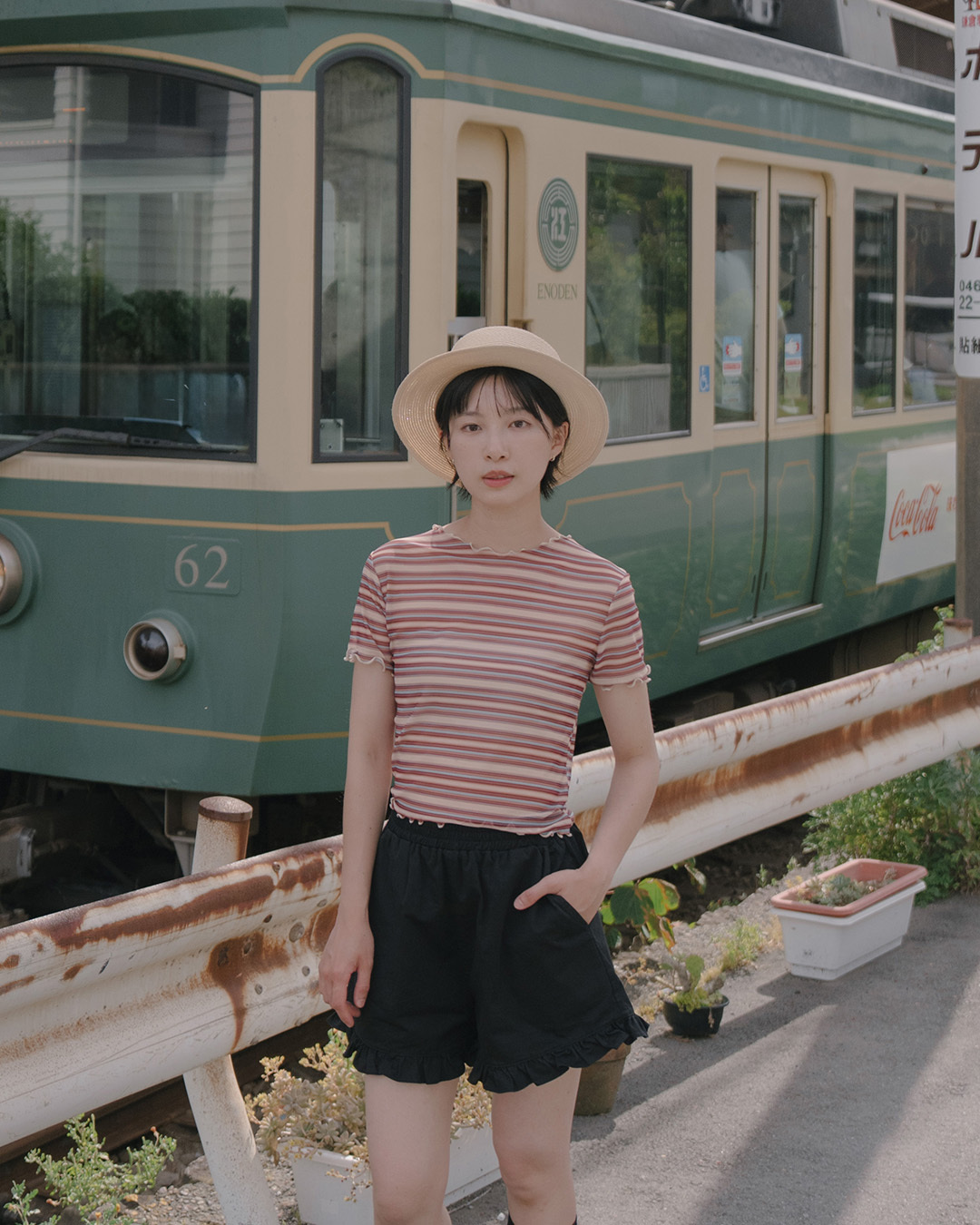 Striped ruffled mesh sheer short-sleeved top, available in three colors【01099788】in stock+pre-order
