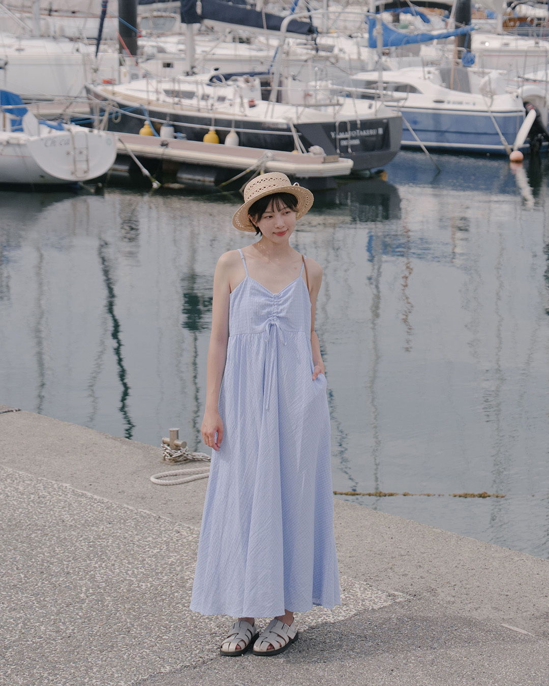 Blue plaid spaghetti strap maxi dress with ruched bodice【01087273】in stock+pre-order
