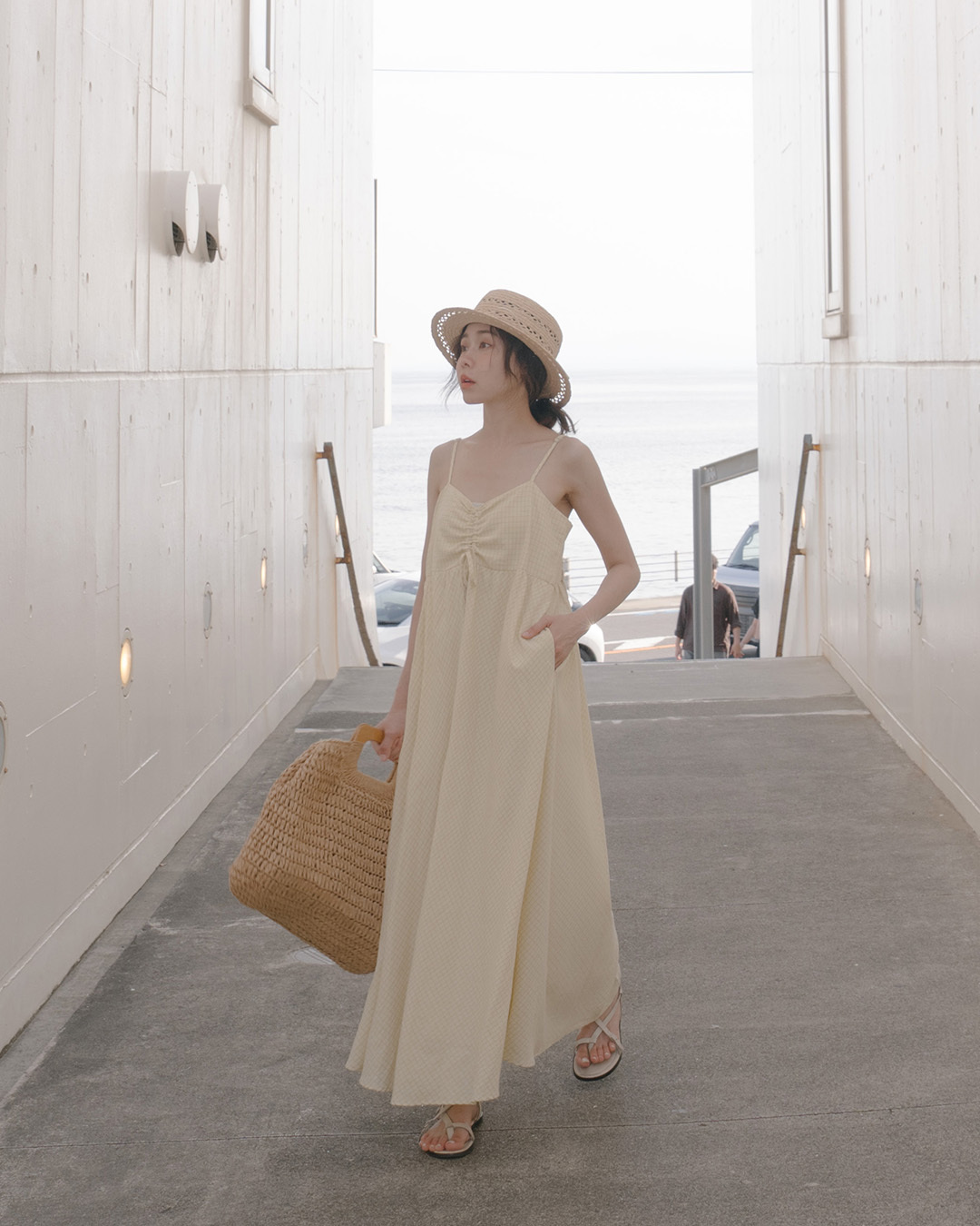 Yellow plaid spaghetti strap dress with ruched bodice【01087272】in stock+pre-order