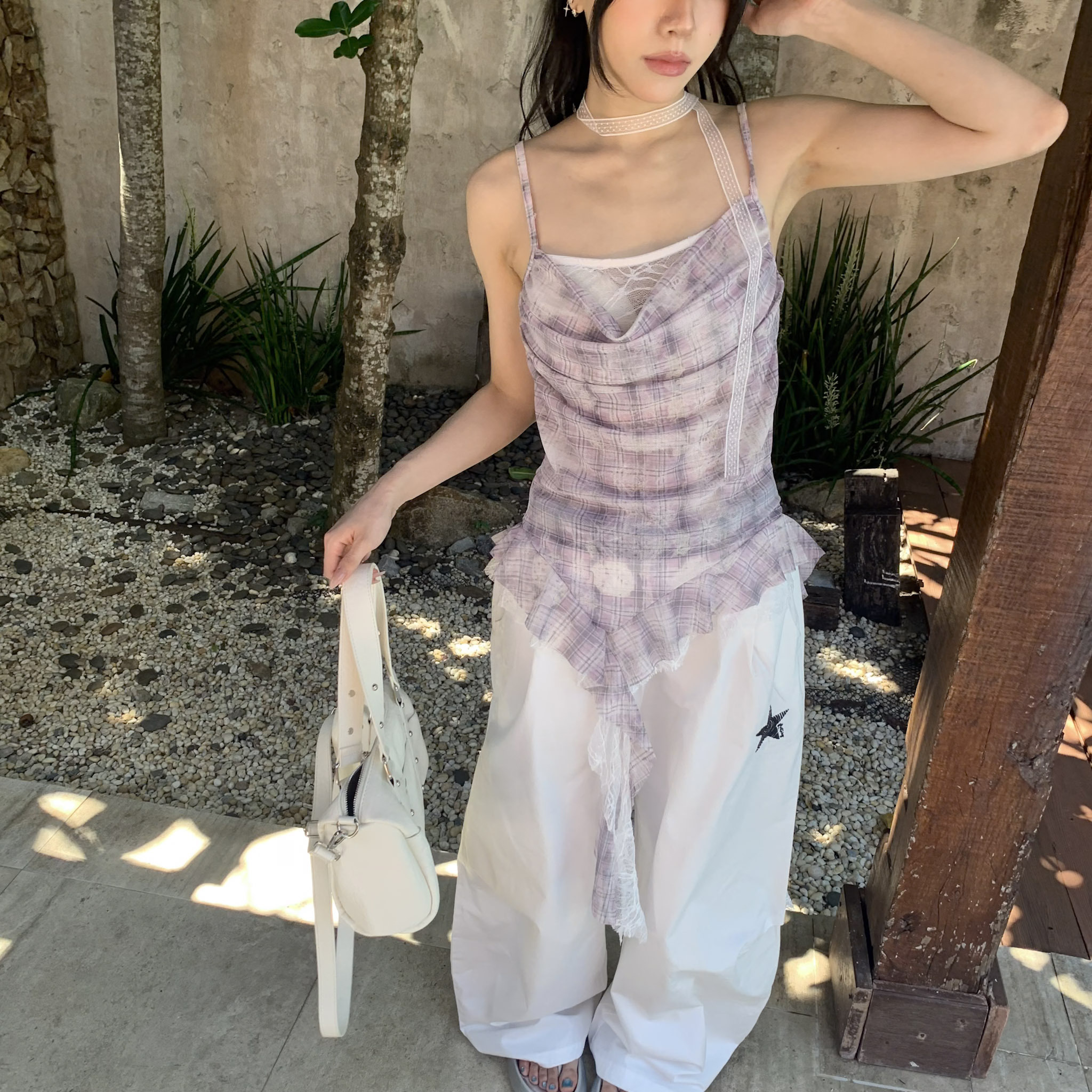 ISA_雅典娜女神 不規則擺格紋假二件吊帶美洋_65120