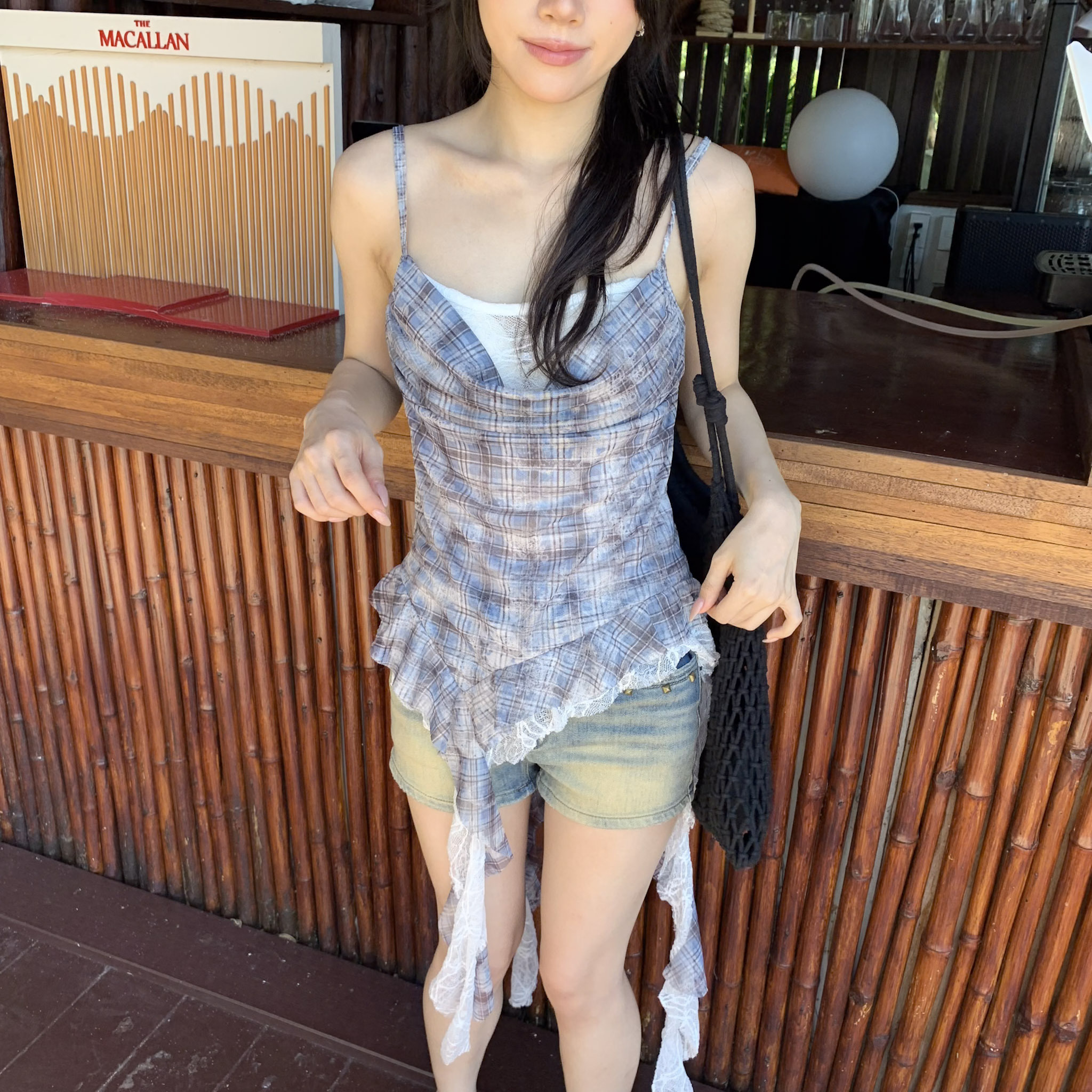 ISA_雅典娜女神 不規則擺格紋假二件吊帶美洋_65120