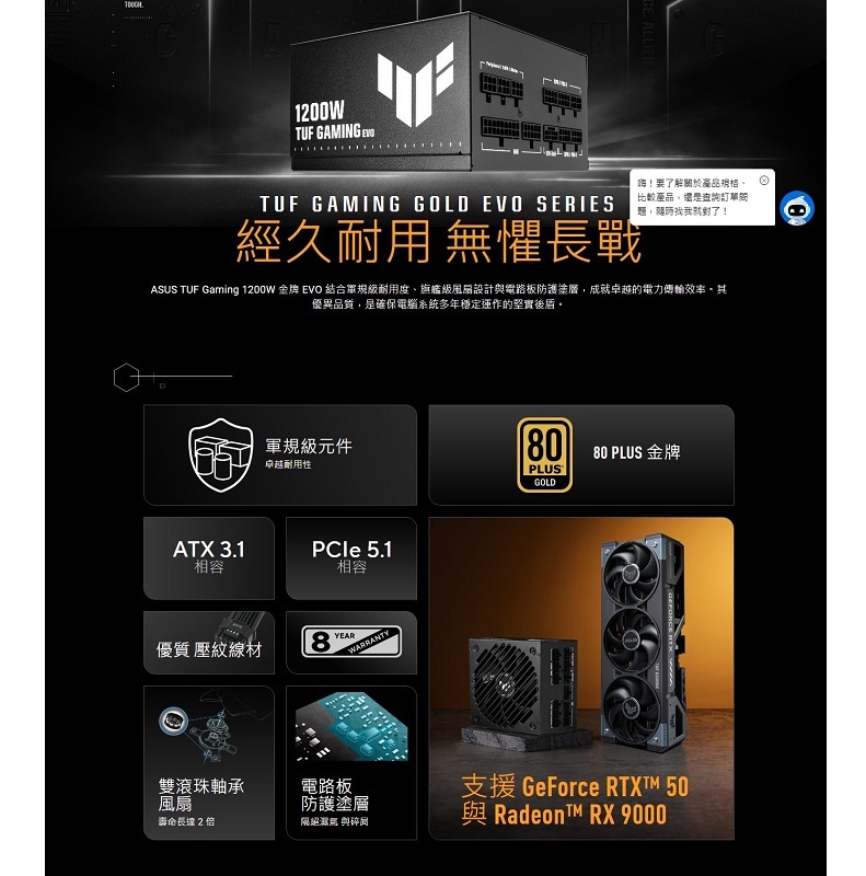 ASUS 華碩 TUF Gaming 1200W EVO 金牌電源供應器/90YE00SD-B0TA00