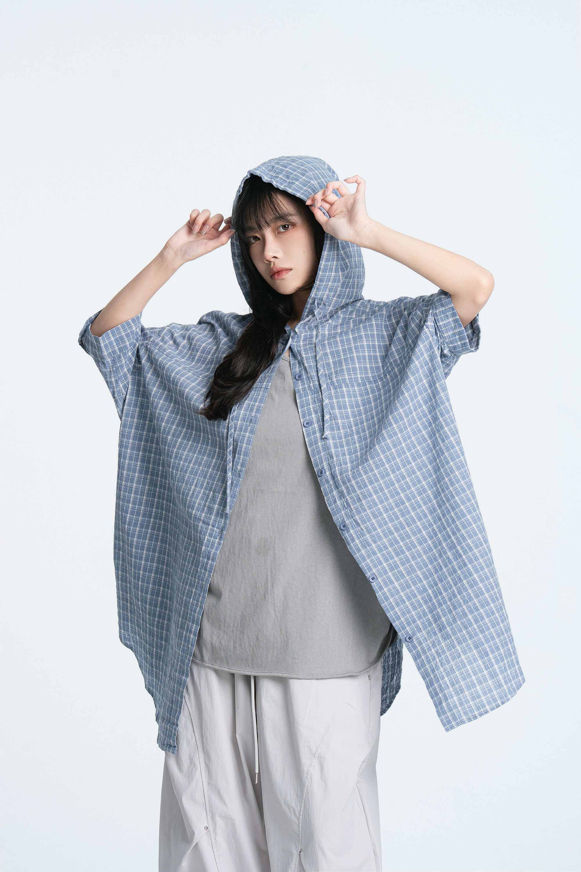 June｜格子連帽短袖襯衫 2色