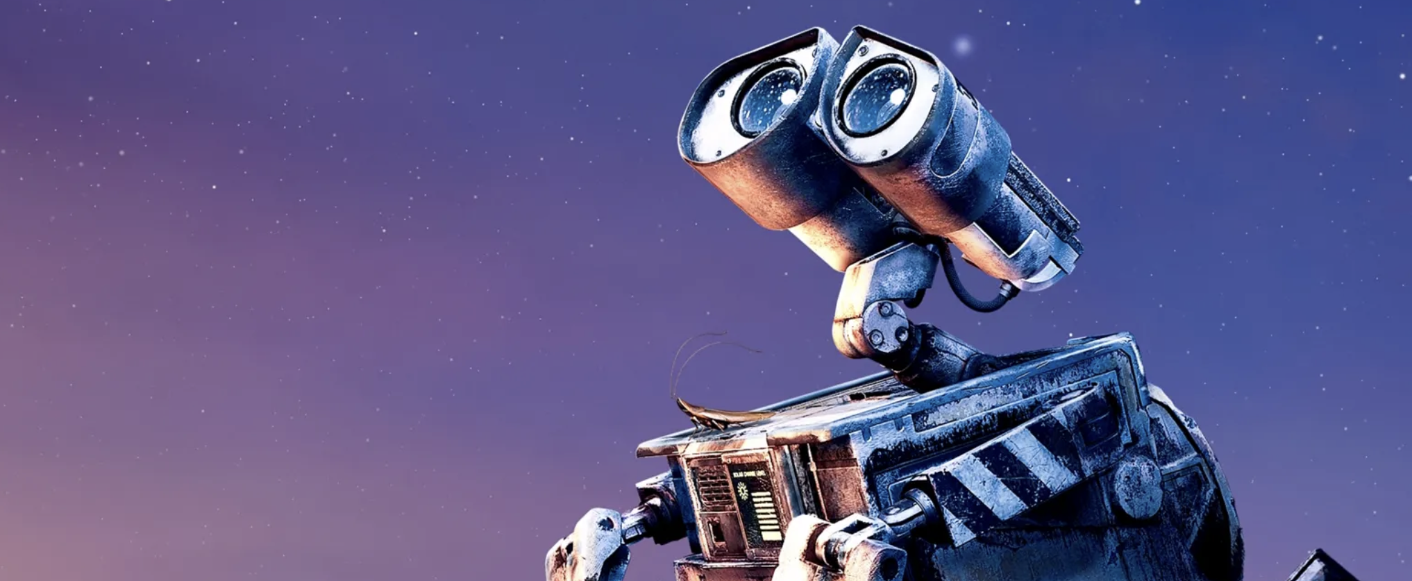 《瓦力 WALL-E》電影劇照,主角瓦力雙筒望遠鏡造型的雙眼仰望布滿星辰的紫藍色夜空