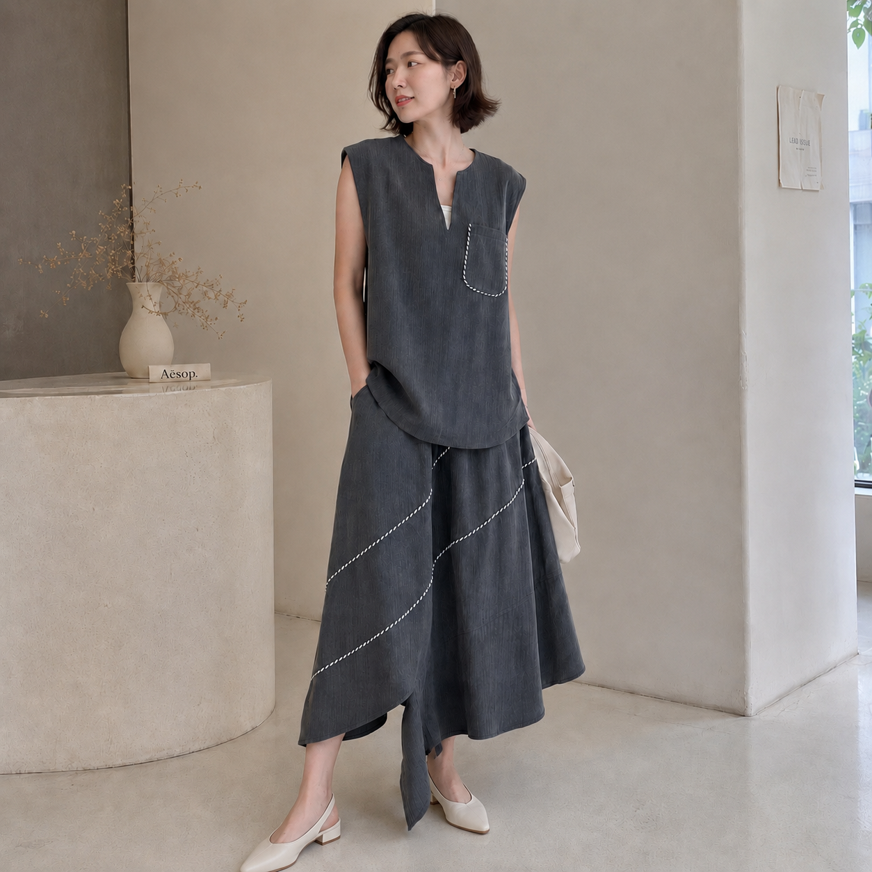 STRIPED DETAILED BLOUSE & SKIRT SET SUIT