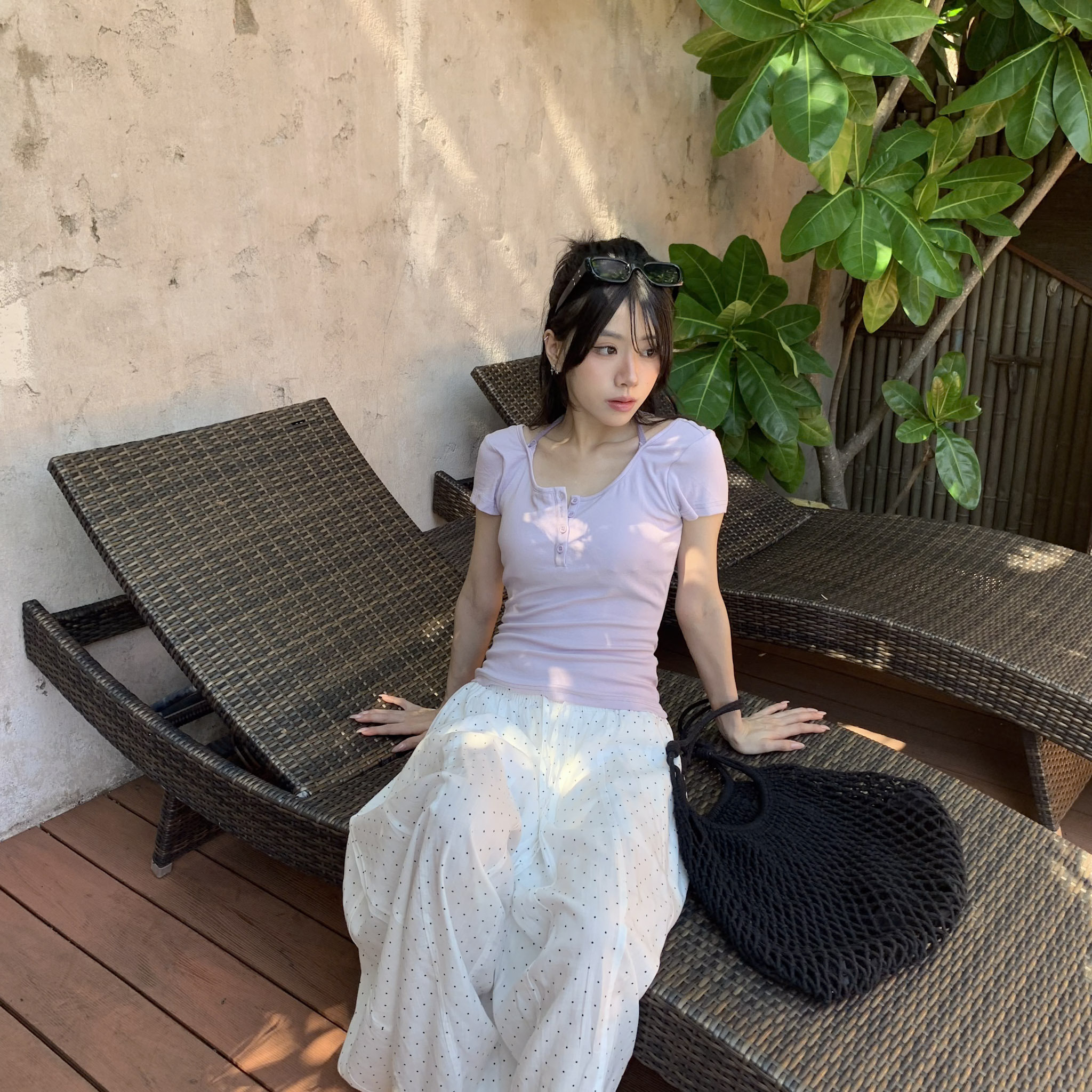 ISA_不費力層次 撞色排扣假二件繞脖上衣_65145