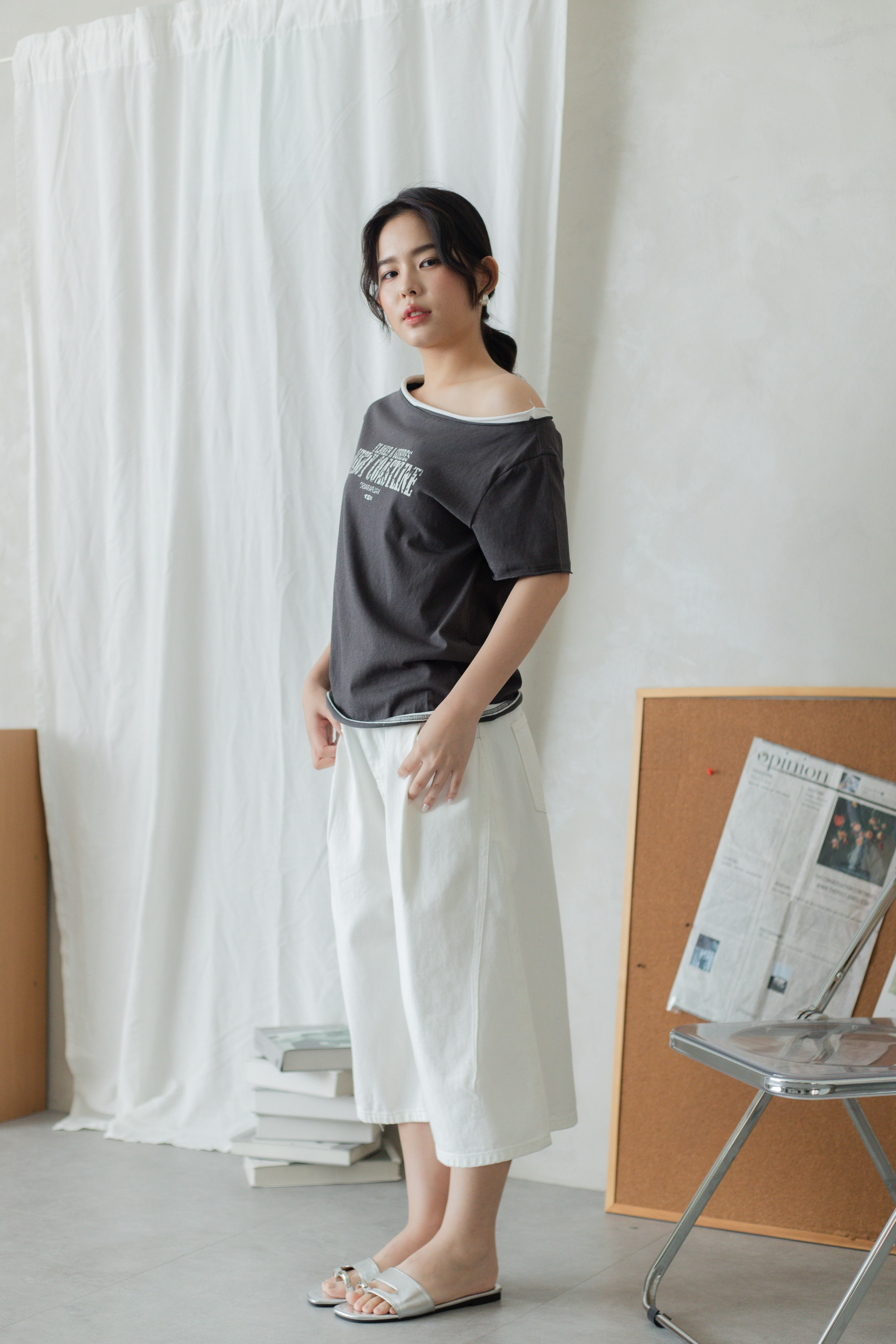 Visby Contrast Off Shoulder Tee Dark Grey-2794TSDGY