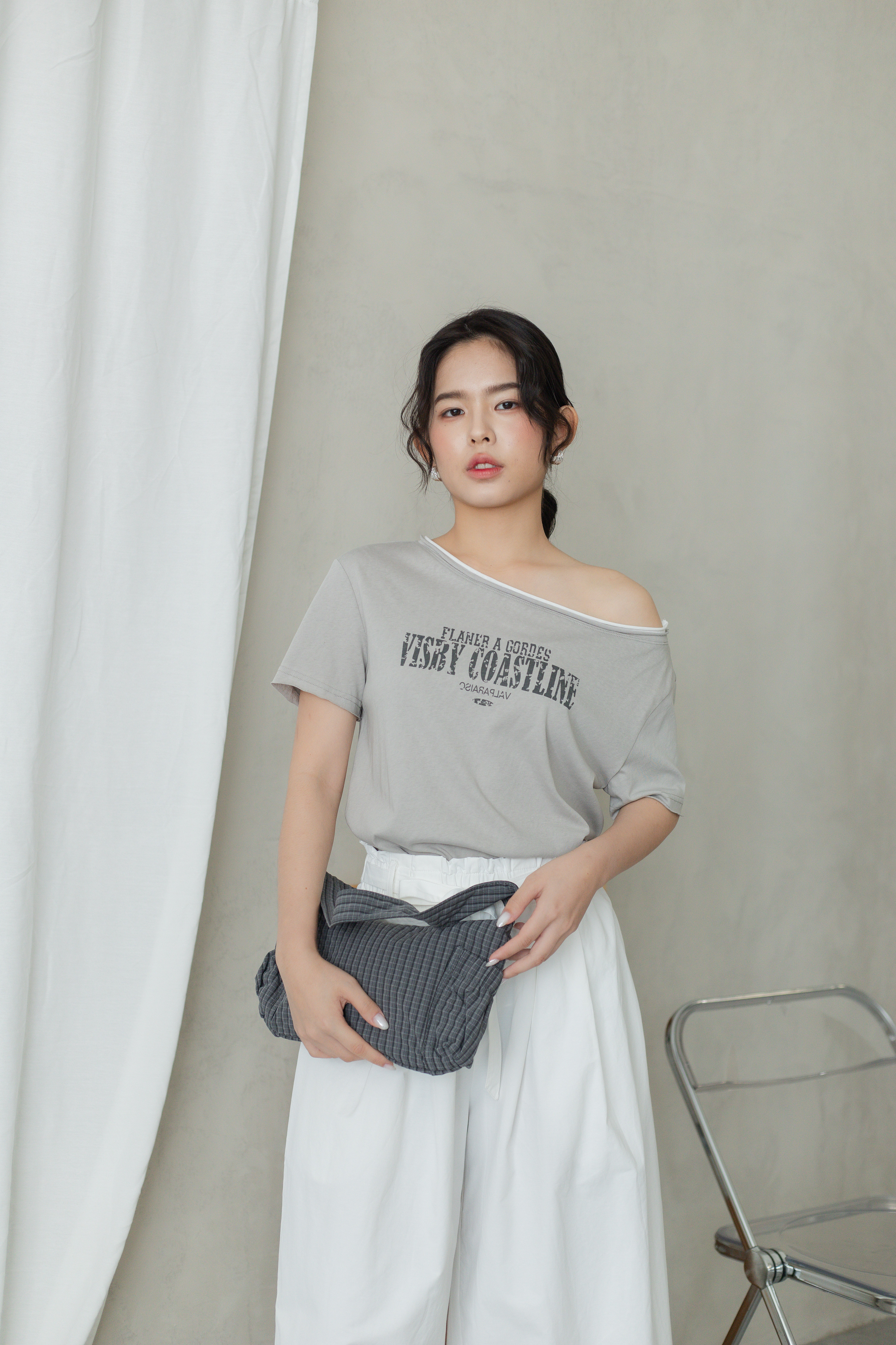 Visby Contrast Off Shoulder Tee Light Grey-2794TSLGY