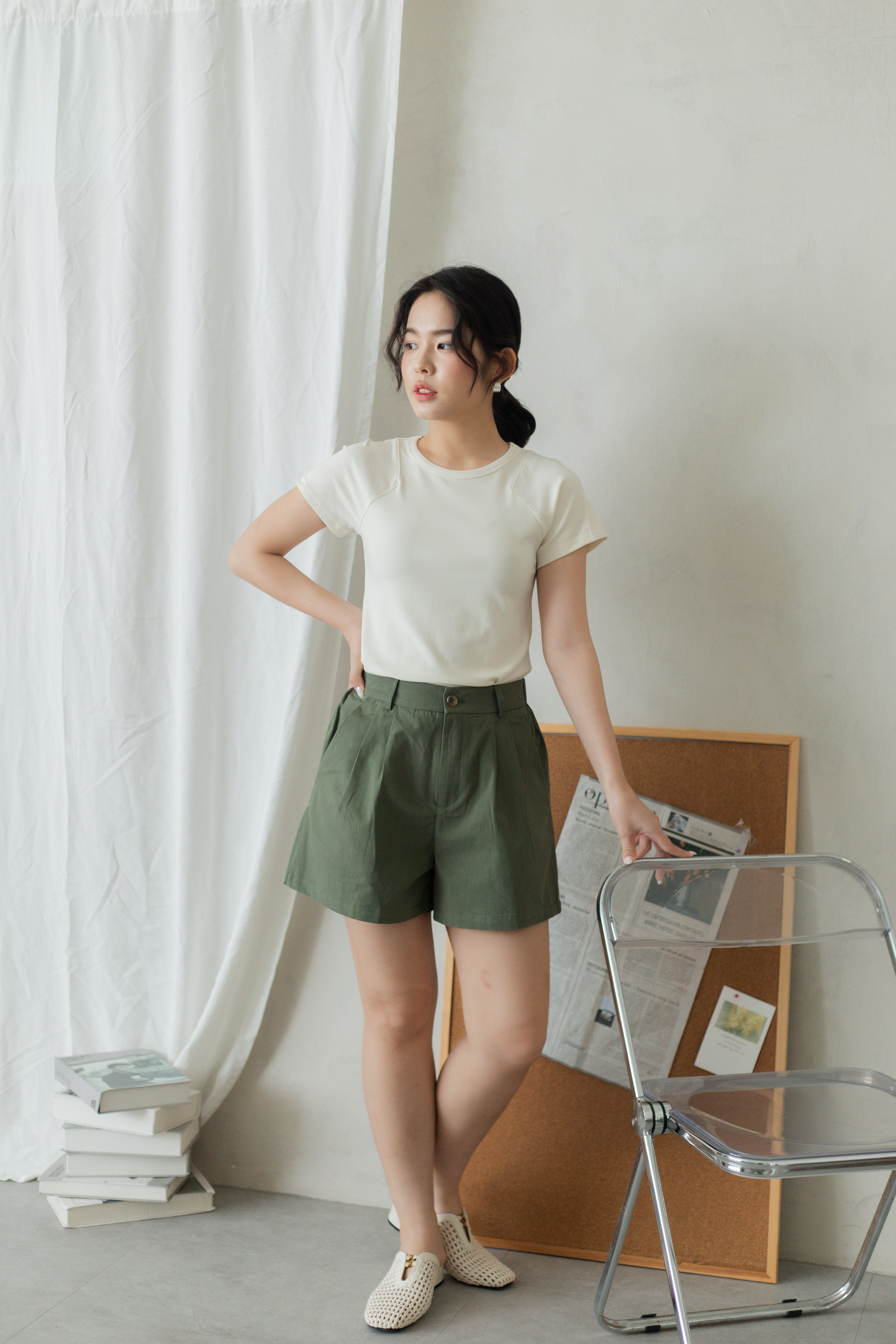 Emma Cut In Shoulder Tee Beige-2804TSBEI