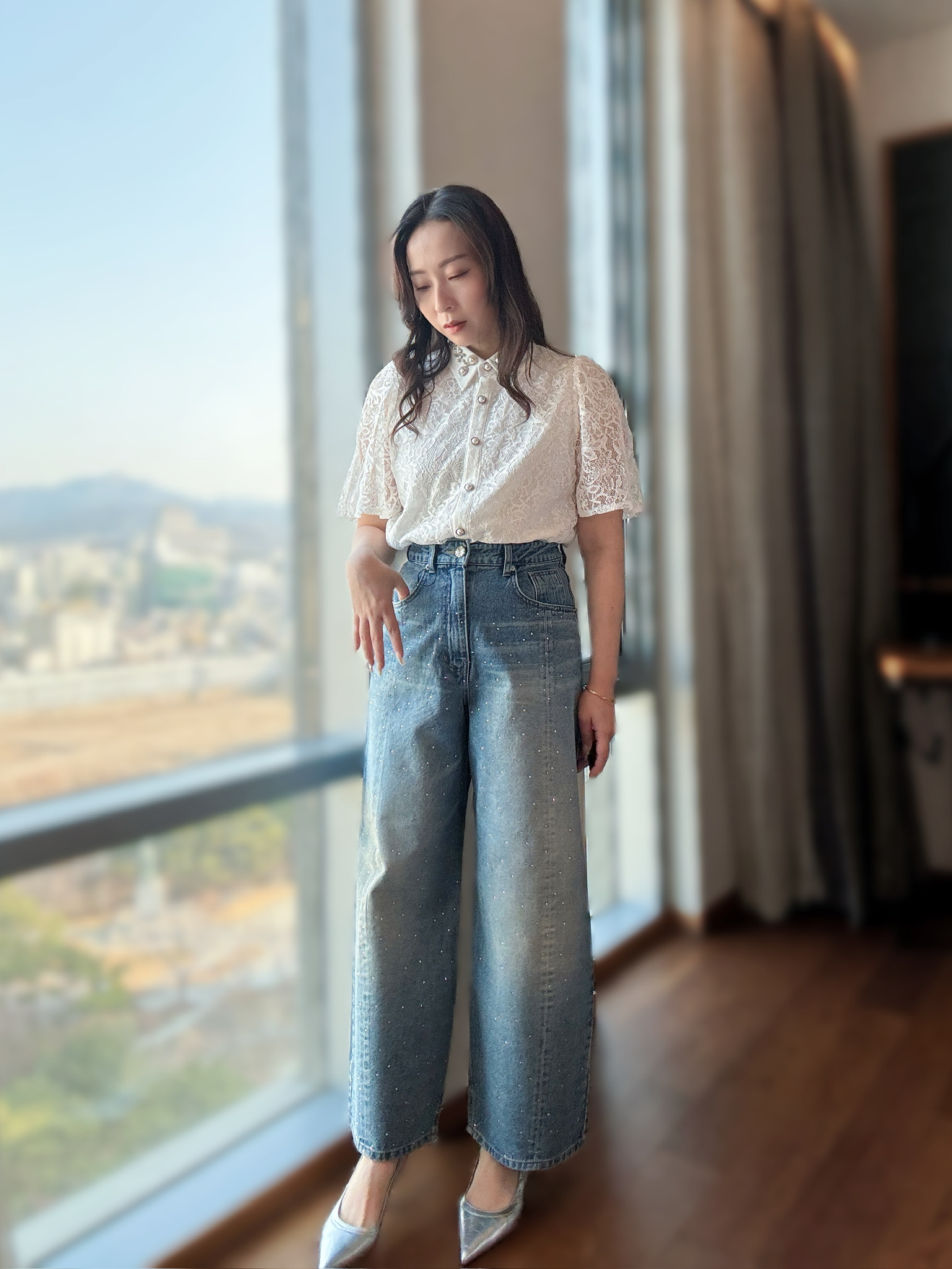 AL09 ALEE 自家韓國製 珍珠鑽飾重工蕾絲短袖
