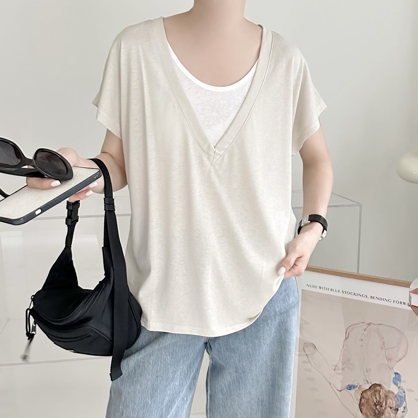 【BONNIE】🔴假兩件V領小袖TOP (H36-H39)