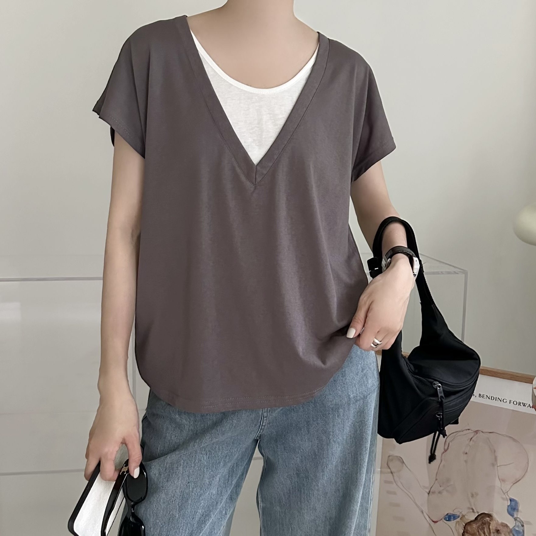 【BONNIE】🔴假兩件V領小袖TOP (H36-H39)