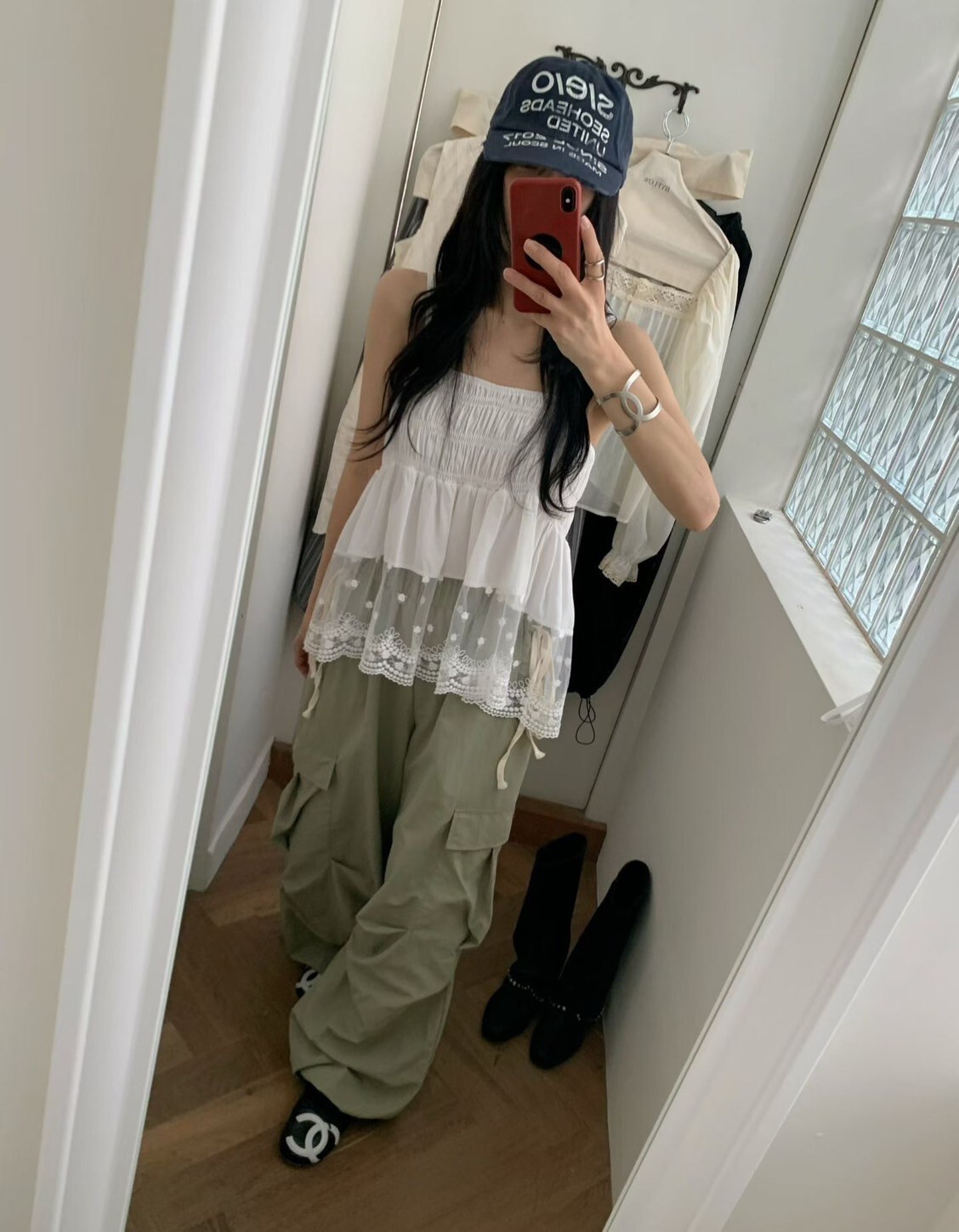 拼接點點歐根紗細肩帶背心上衣 / 2色