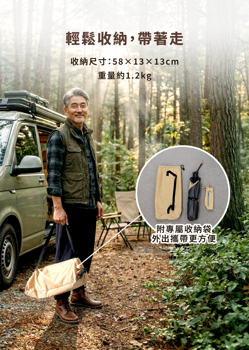 PAMABE OUTDOOR 寵物遮光帳篷可快速收納，收納尺寸 58×13×13cm，重量約 1.2kg，附專屬收納袋，外出攜帶更便利。