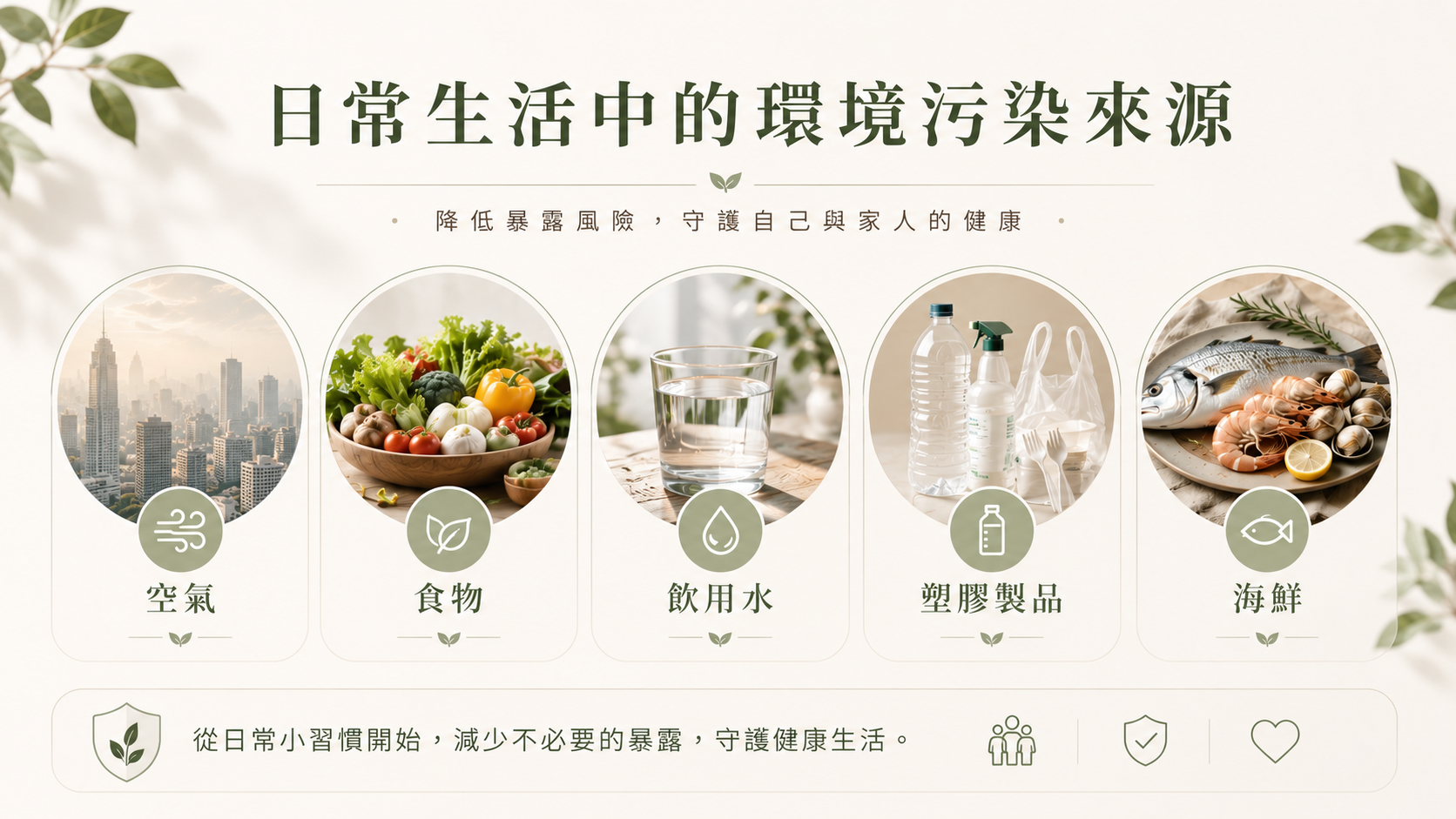 空氣、食物、飲用水與生活用品可能接觸環境污染物的來源示意圖