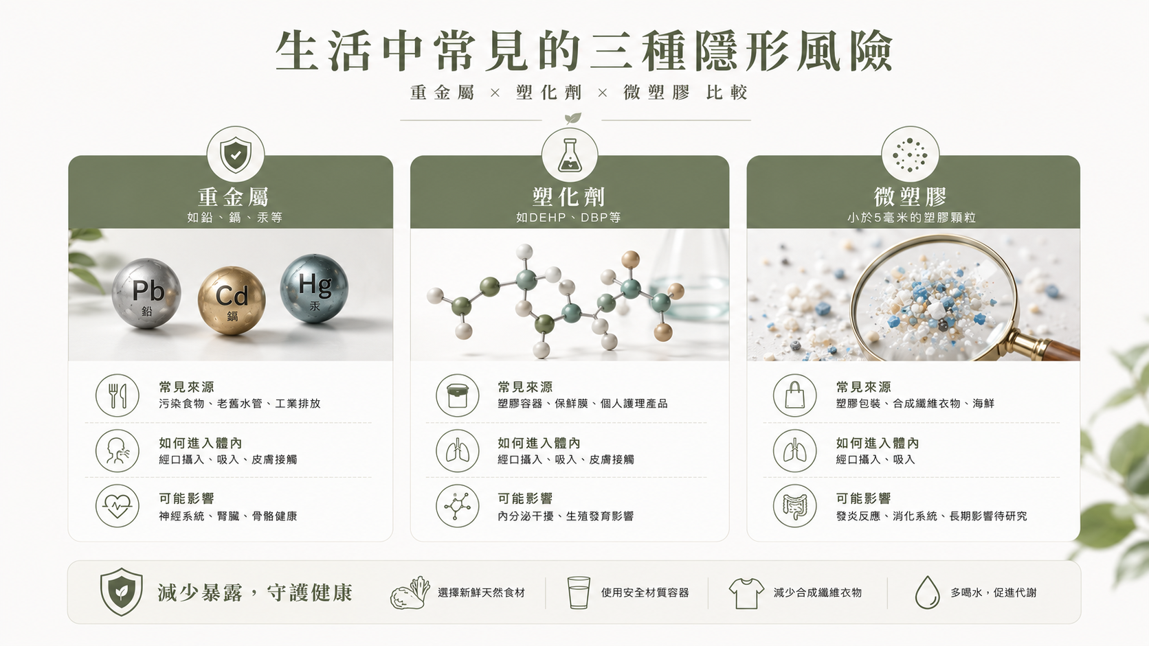 重金屬、塑化劑與塑膠微粒來源特性與研究方向比較圖