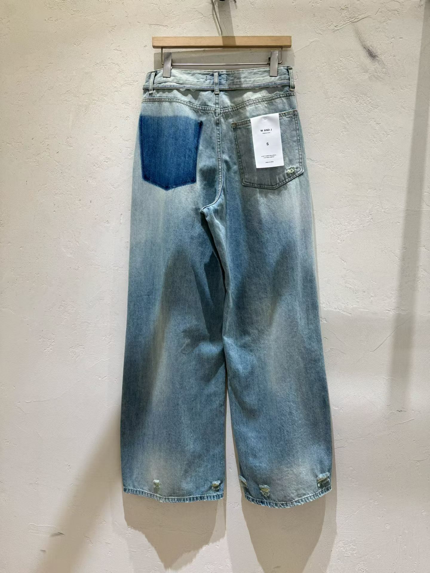 WJ6343 撞色拼接做舊洗水破洞牛仔褲