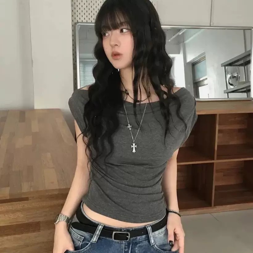 美式復古設計感堆疊抓褶一字領短袖