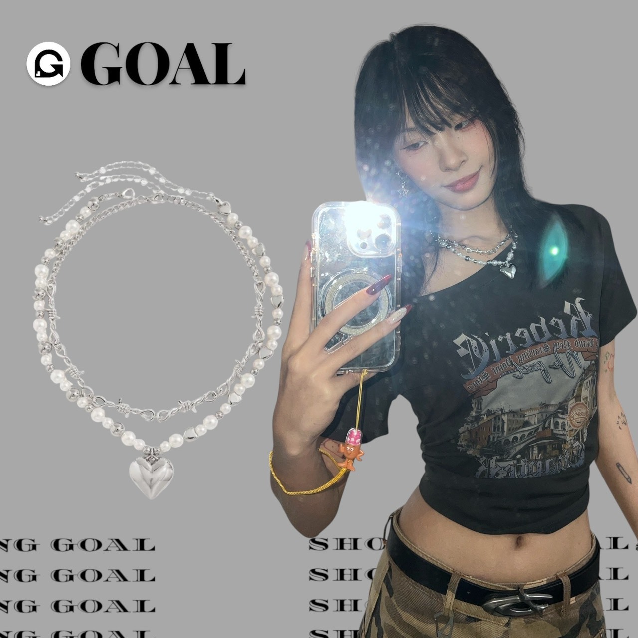 (GOAL) 雙層珍珠愛心鎖骨鏈