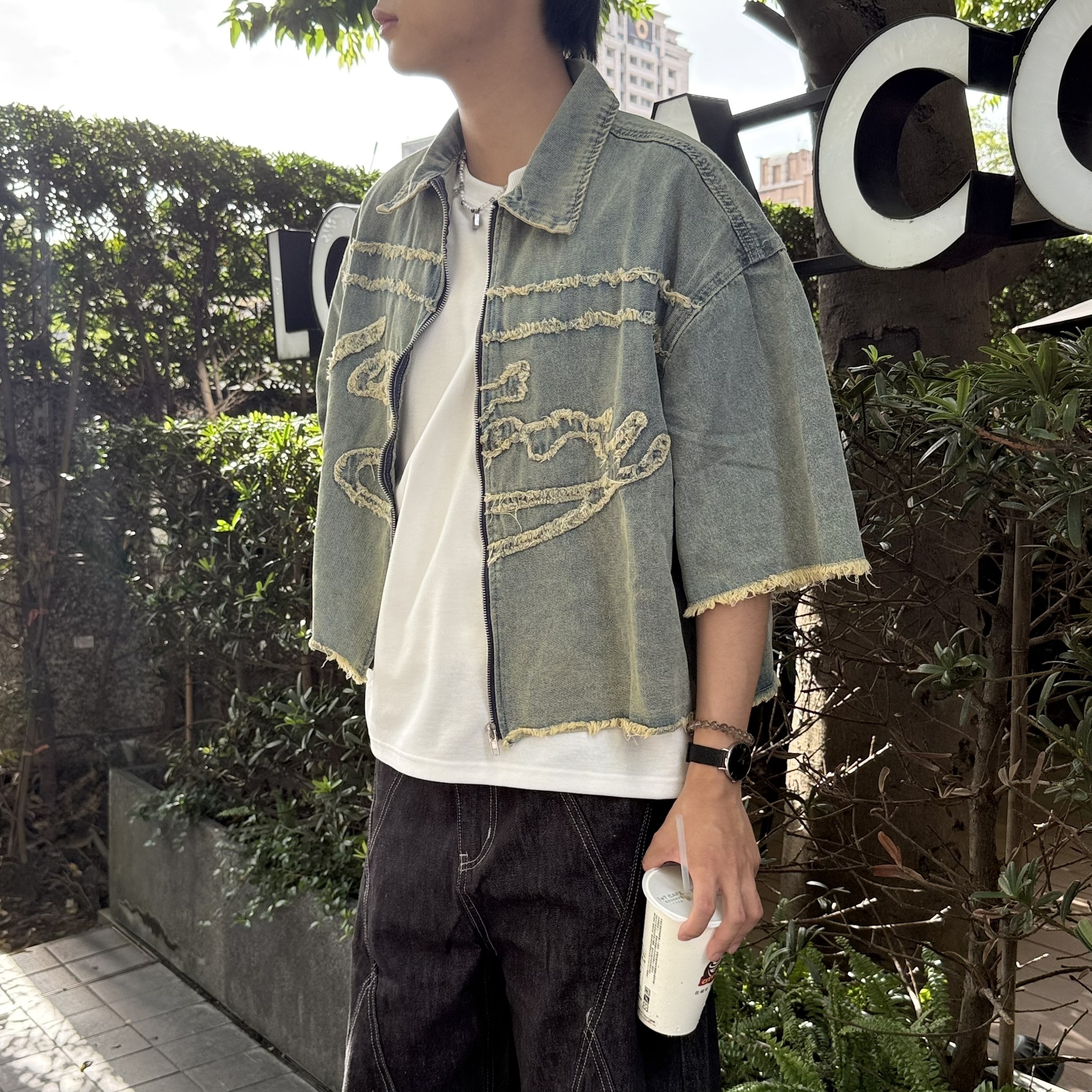 BB05水洗做舊毛邊短寬襯衫