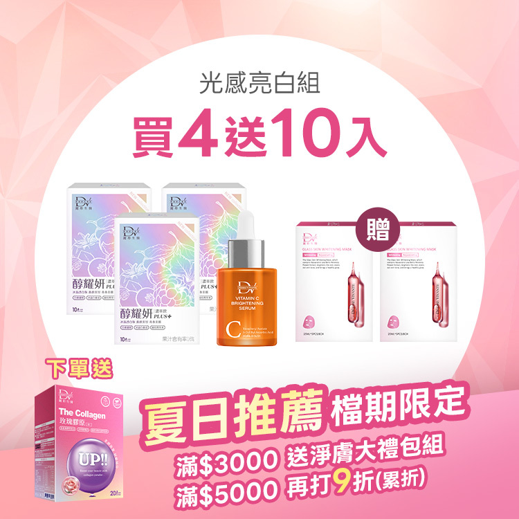 【夏日限搶|買4送10入】三效抗氧白C精華 x1瓶+ 醇耀妍PLUS+冰晶透白版 x3盒 + (贈) 5D水光肌嫩白面膜x2盒