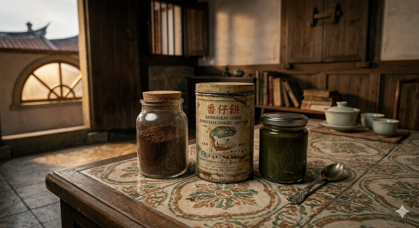 洋樓客廳花磚桌上的靜物:番仔餅圓形鐵罐、玻璃罐裝的深褐色咖啡粉、綠色咖椰醬玻璃瓶、銀製咖啡匙