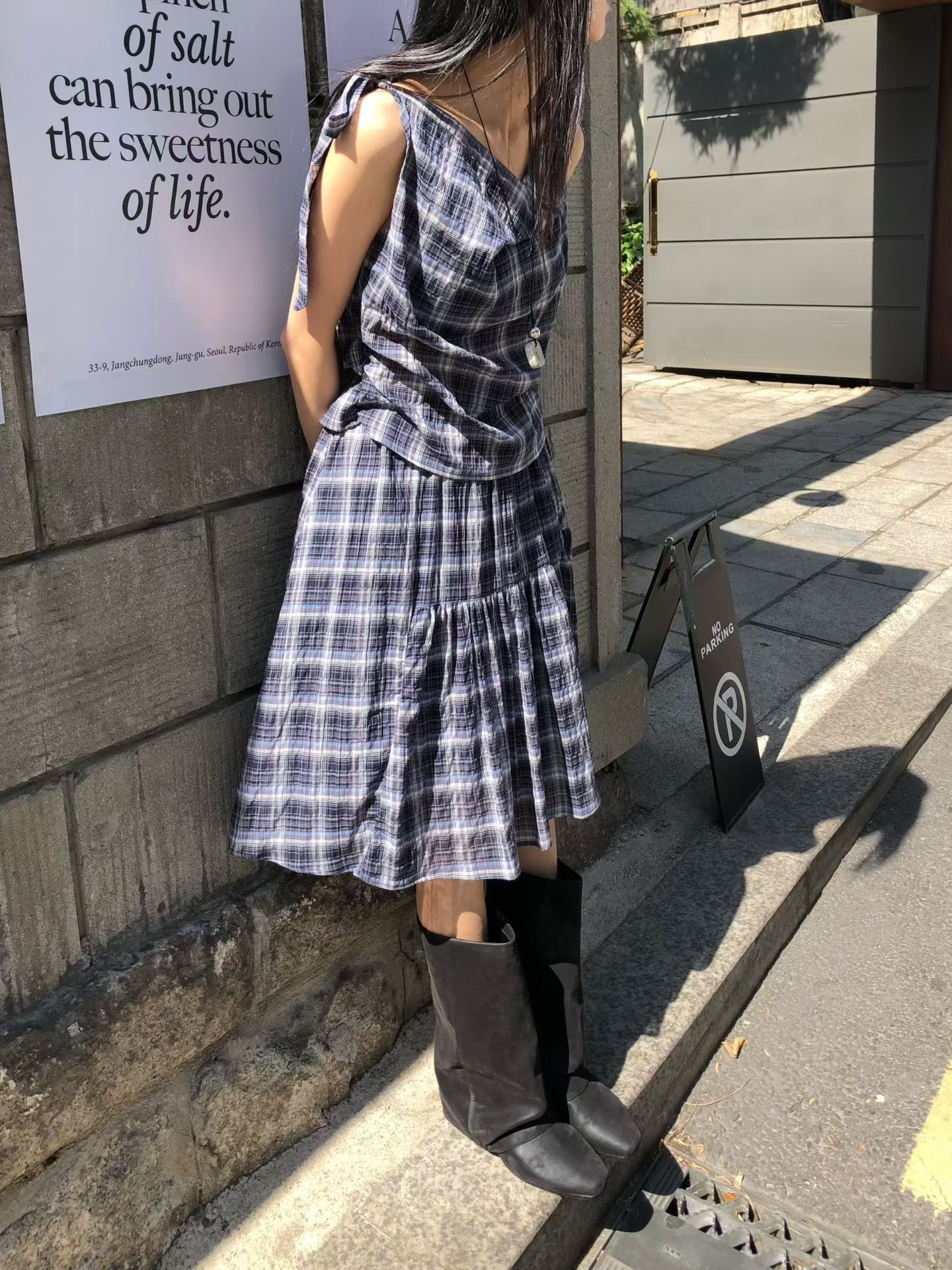 單綁結露肩格子背心  過膝裙(分售)