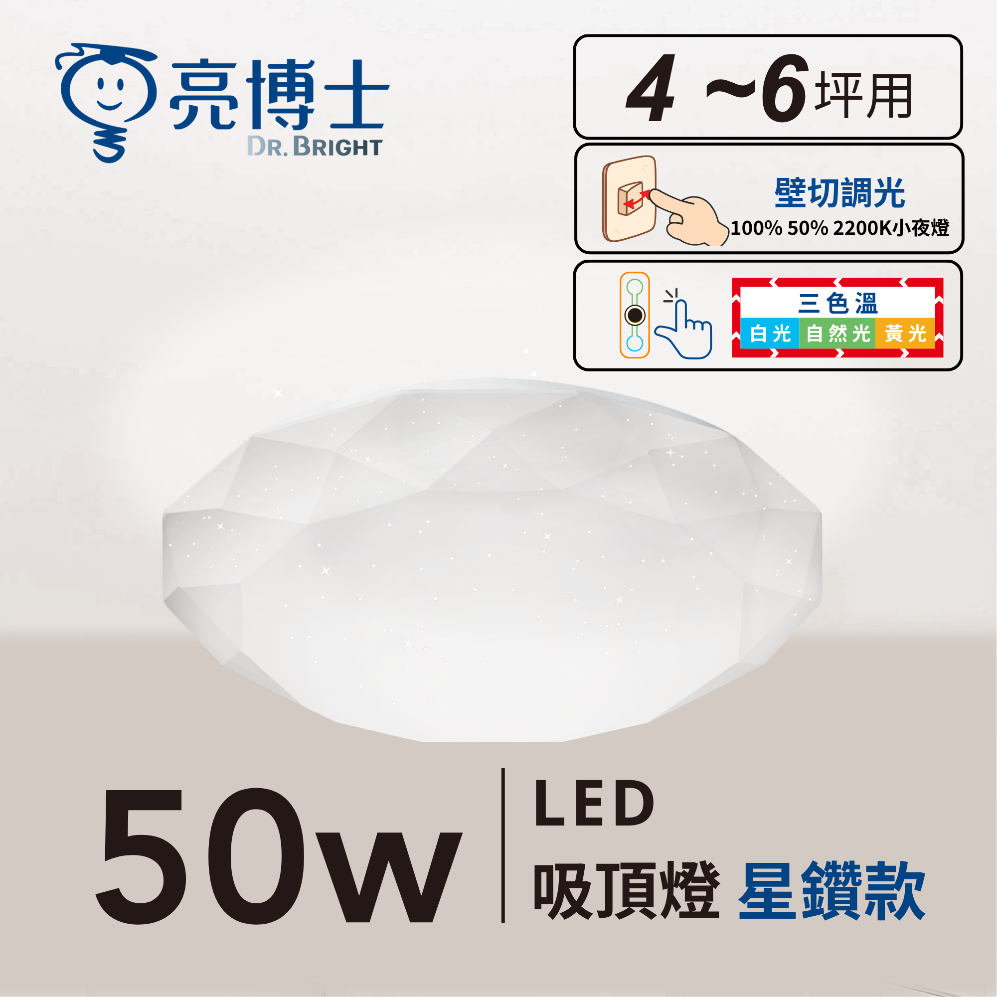 LED 50W 星空/星鑽/滿月(昕圓滿) 三色溫 壁切調光 吸頂燈
