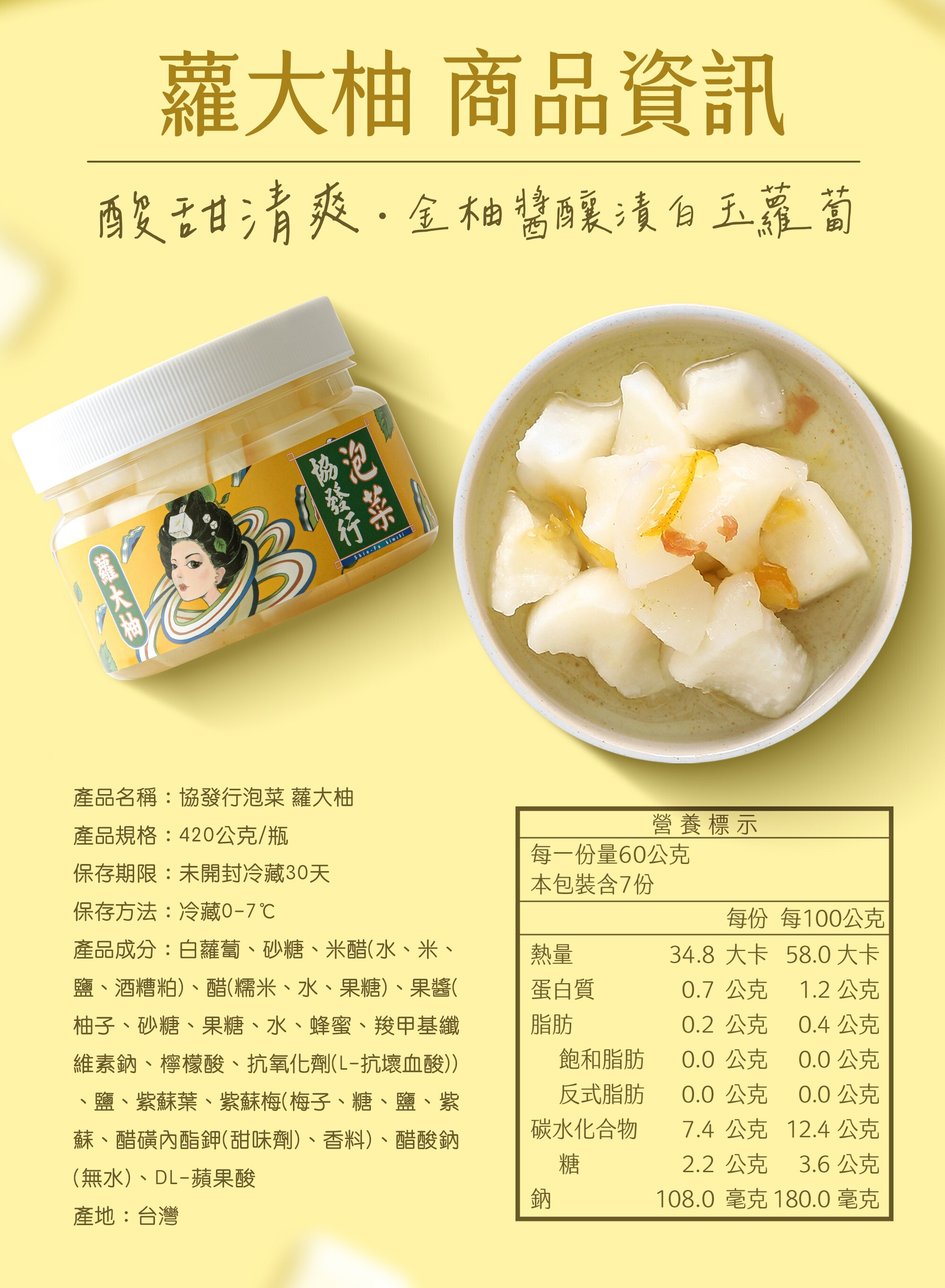 協發行泡菜蘿大柚 420g 商品資訊與營養標示，通過國家級衛生認證，是過年伴手禮與年菜推薦的安心選擇。