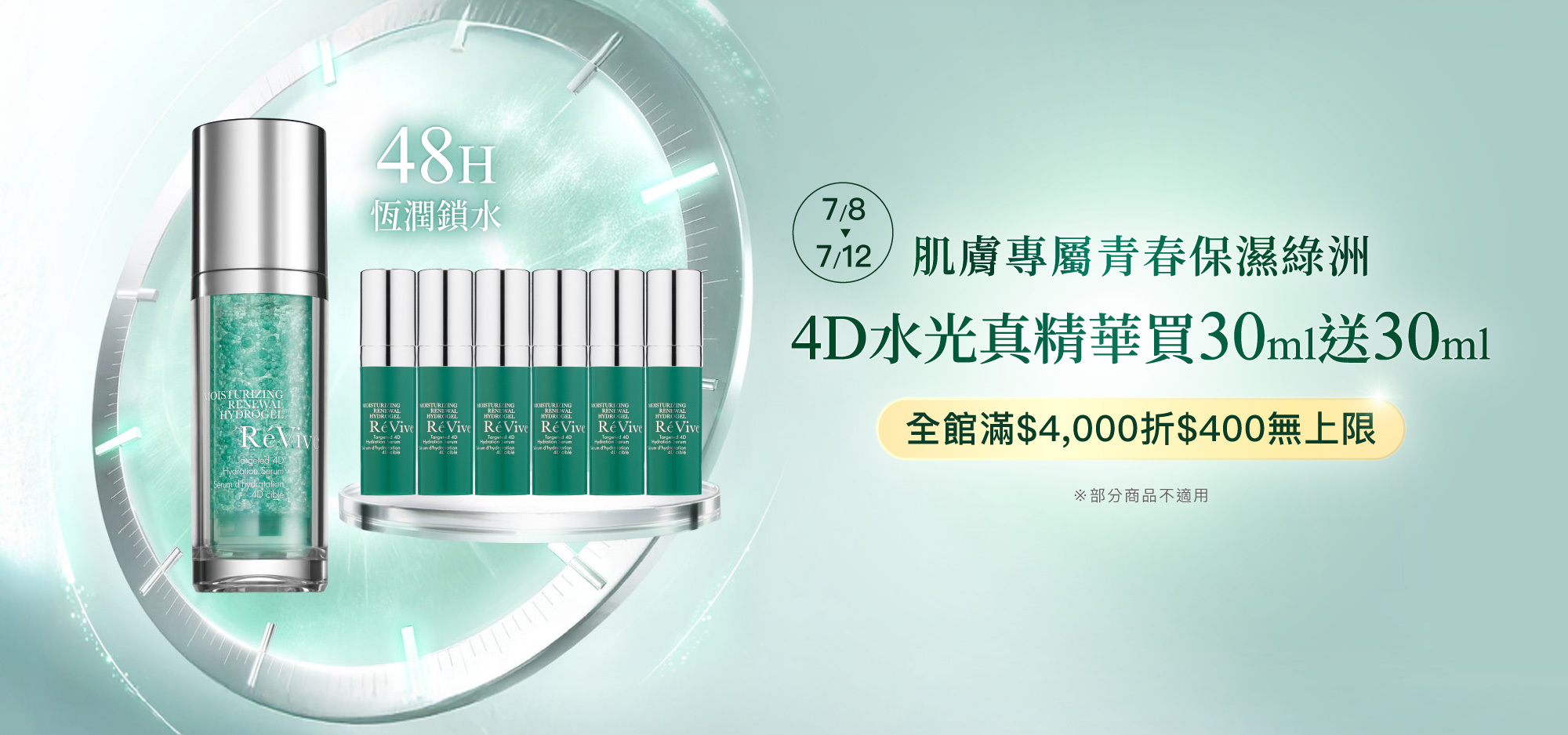 4D水光真精華30ml獨家研發「4D超導鎖水科技」，透過「高吸水、高鎖水、高修護、高滲透」四步驟改善肌膚乾荒老化狀態