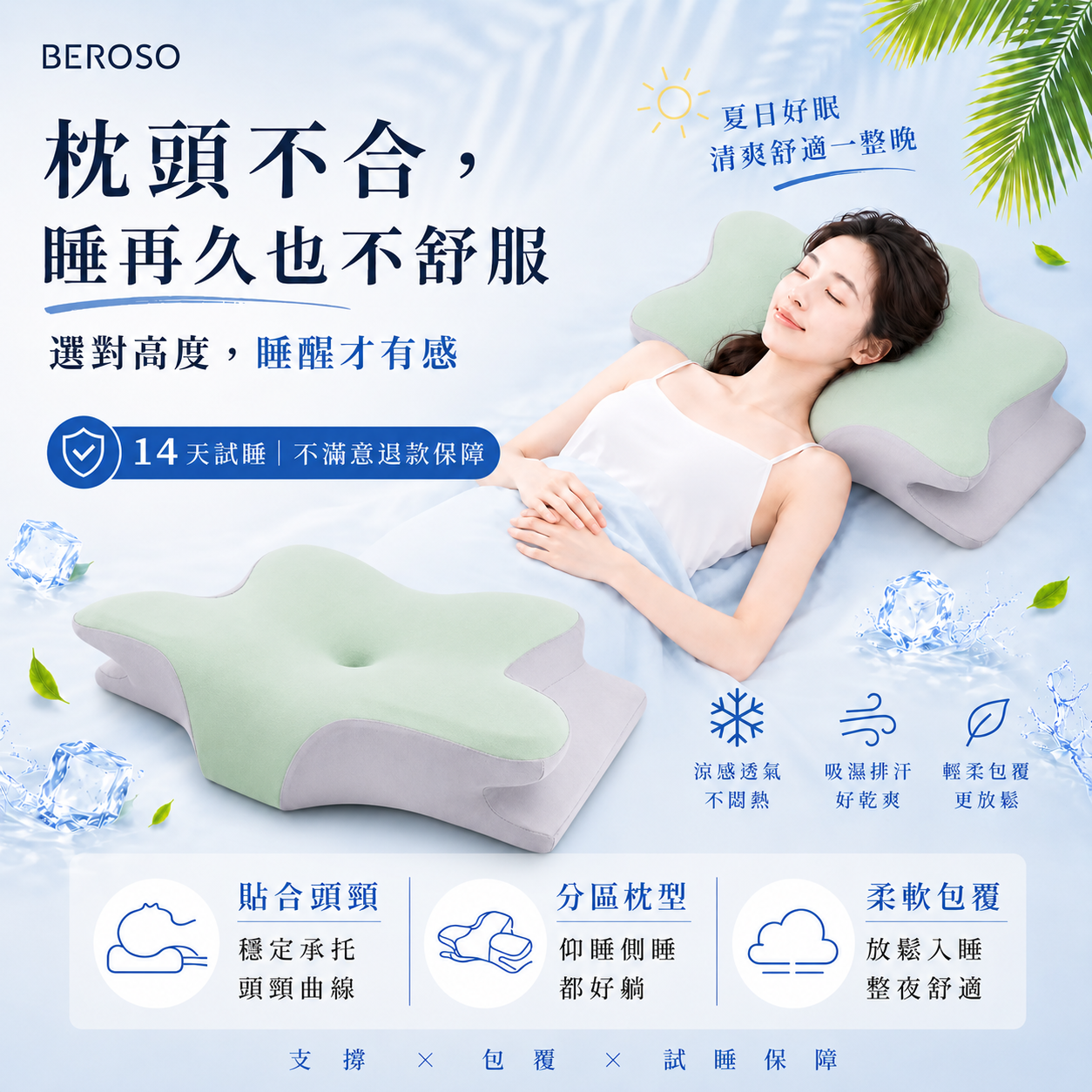 Beroso | Luxury Deep Sleep Cloud Anti Snoring Neck Pillow - Glacier Blue (Exclusive Color)